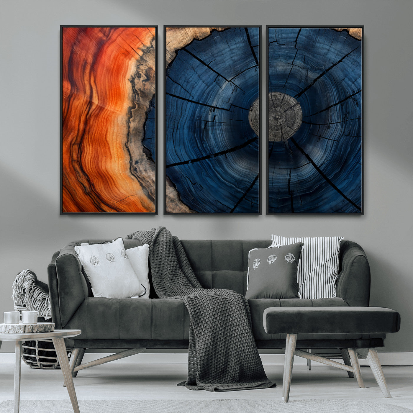 26110607-MGV-FC-48X32-3P_Black-Blue and Orange Tree Ring Wall Art – Abstract Wood Cross Section Canvas Print, Modern Rustic Nature Decor for Living Room, Office,
