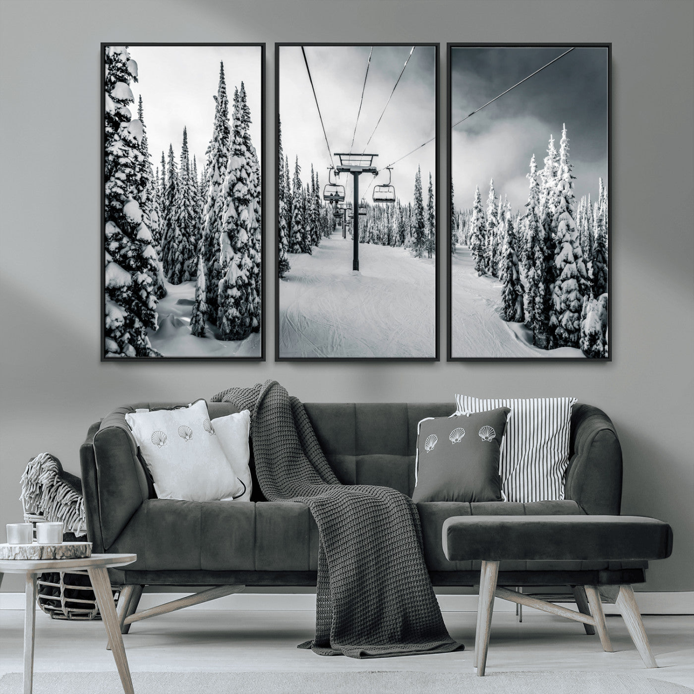 31156828-MGV-CV-36X24-Snowy Pines Wall Art Canvas Print, Framed Ski Lift Art Picture Print, Winter Forest Perfect Moody Lodge Decor Artwork
