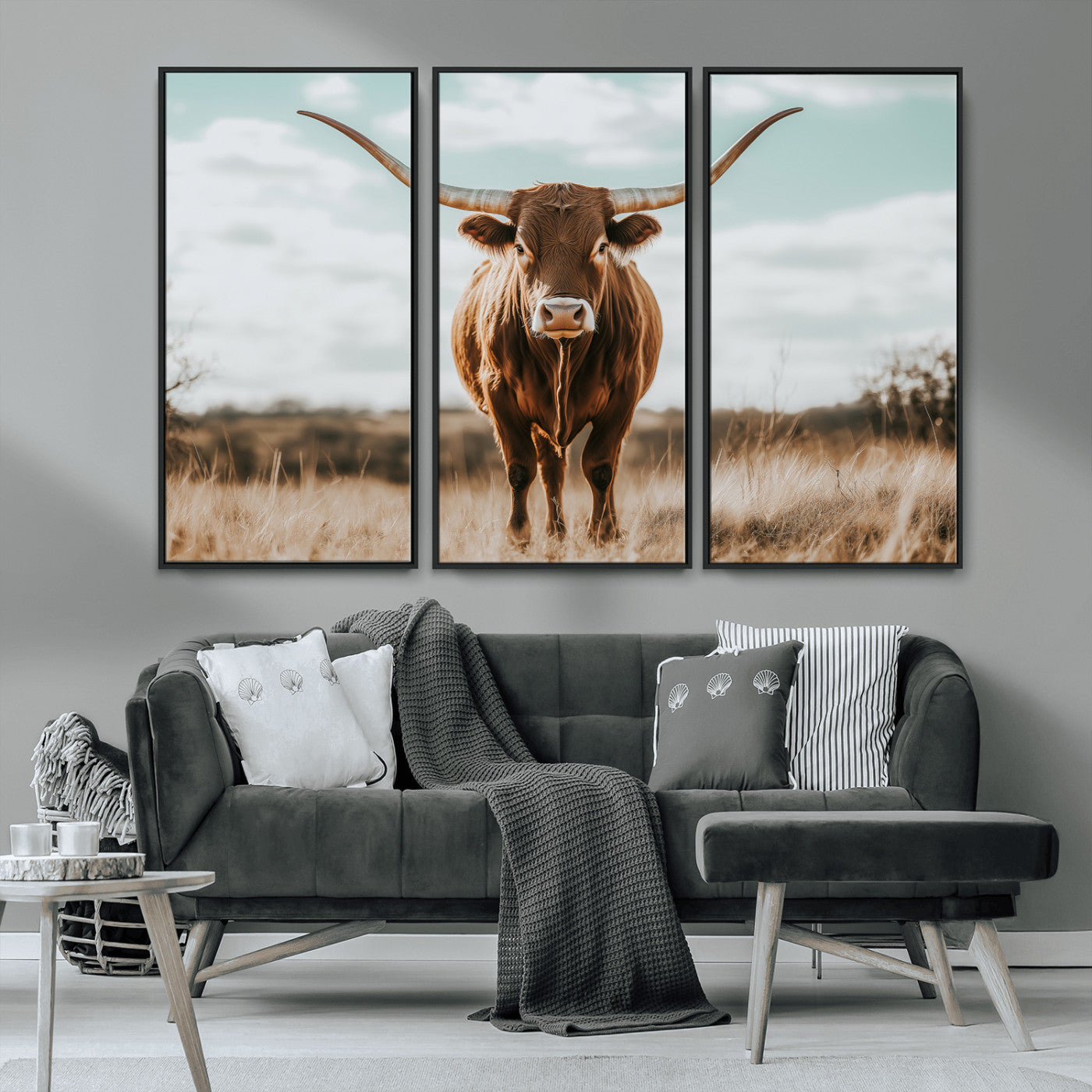 39350715-MGV-CV-36X24-Texas Longhorn Wall Art Canvas Print, Framed Longhorn Cow Art Picture Print, Western Cattle Perfect Rustic Western Decor Artwork