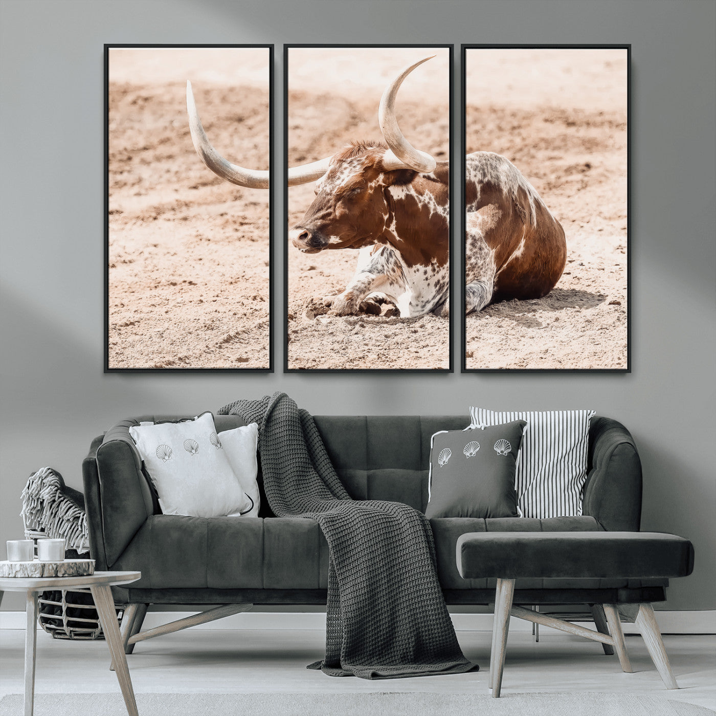 91248682-MGV-FC-48X32-3P_Black-Texas Longhorn Wall Art Canvas Print, Framed Resting Bull Art Picture Print, Spotted Cattle Perfect Rustic Western Decor Artwork
