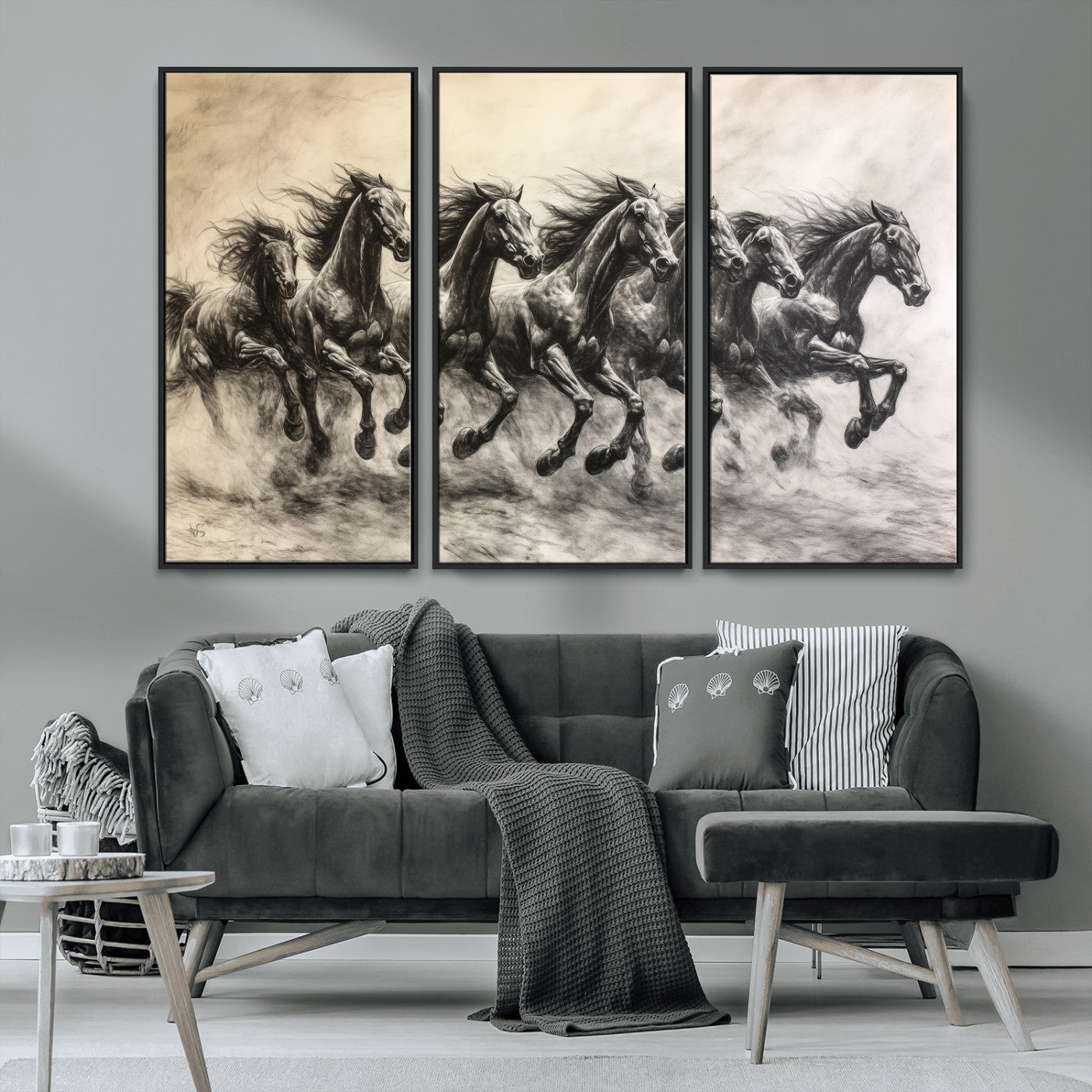 56089591-MGV-CV-36X24-Galloping Horses Wall Art Canvas Print, Framed Wild Stallions Art Picture Print, Horse Herd Sketch Perfect Monochrome Dynamic