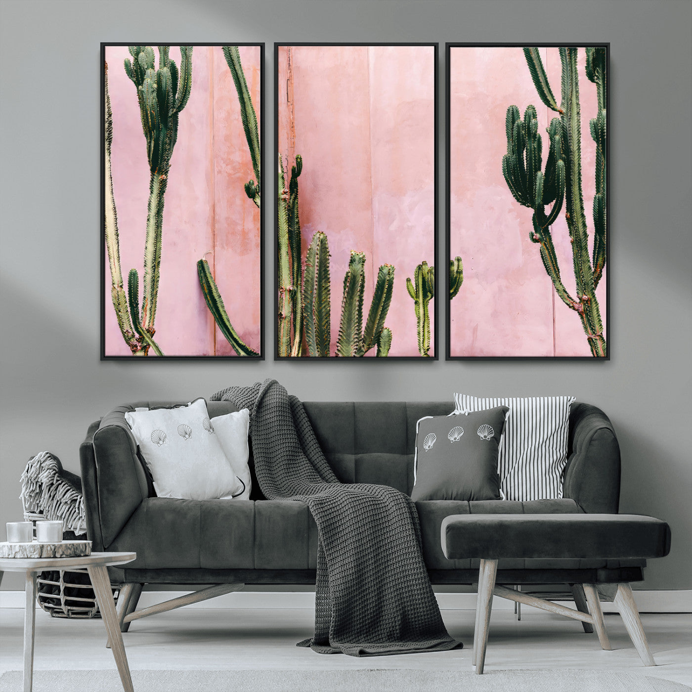 93119502-MGV-CV-36X24-Tall Cactus Wall Art Canvas Print, Framed Pink Wall Art Picture Print, Cactus Lines Perfect Modern Desert Decor Artwork