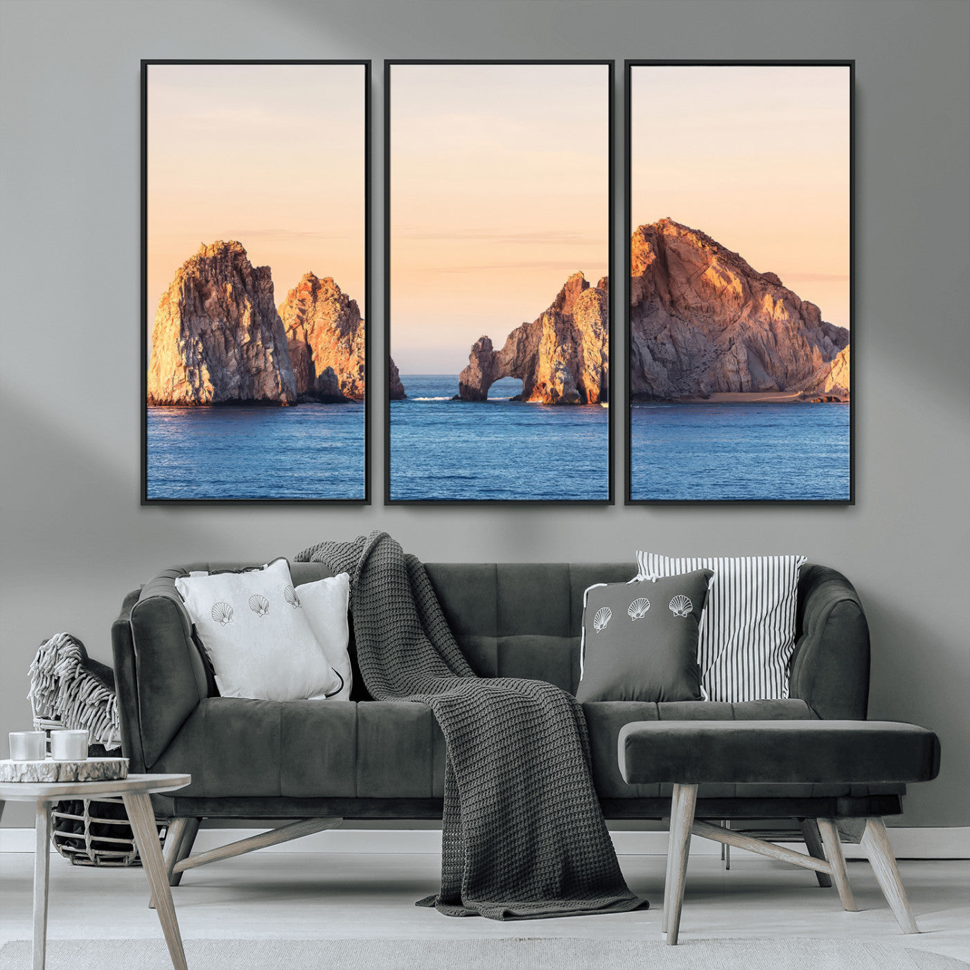 72996116-MGV-CV-36X24-El Arco Wall Art Canvas Print, Framed Cabo Rocks Art Picture Print, Ocean Arch Perfect Golden Coastal Landmark Decor Artwork