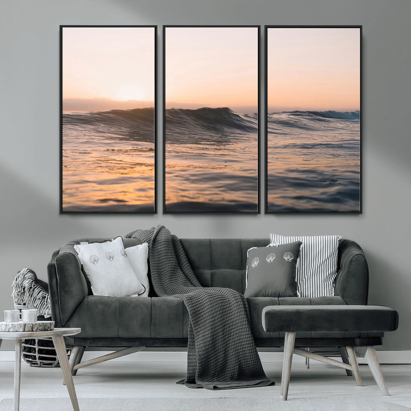 46299358-MGV-CV-36X24-Sunset Waves Wall Art Canvas Print, Framed Ocean Horizon Art Picture Print, Golden Water Perfect Golden Hour Coastal Decor Artwork