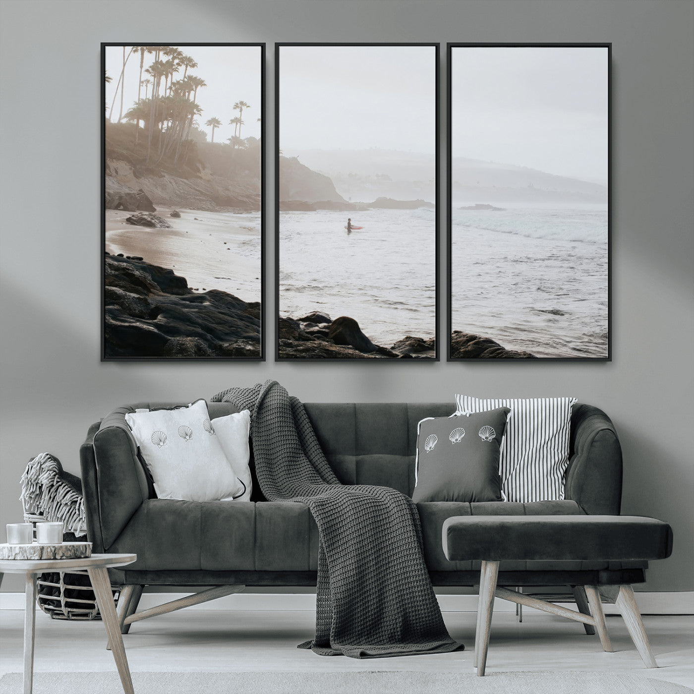 62501405-MGV-CV-36X24-Misty Beach Wall Art Canvas Print, Framed California Surfer Art Picture Print, Coastal Cliff Perfect Coastal Beach Decor Artwork