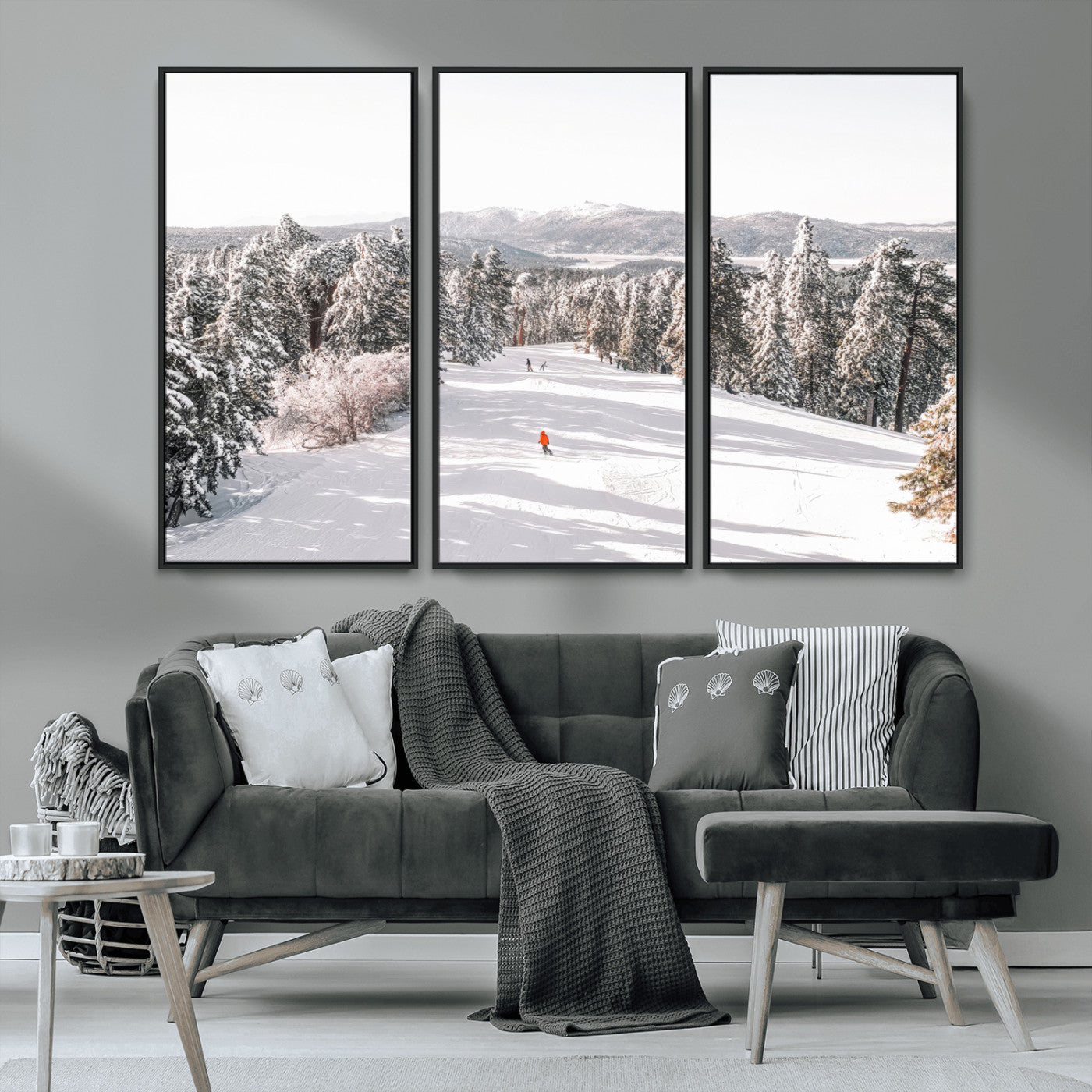 62119206-MGV-CV-36X24-Snowy Trail Wall Art Canvas Print, Framed Ski Slope Art Picture Print, Winter Pines Perfect Alpine Adventure Decor Artwork