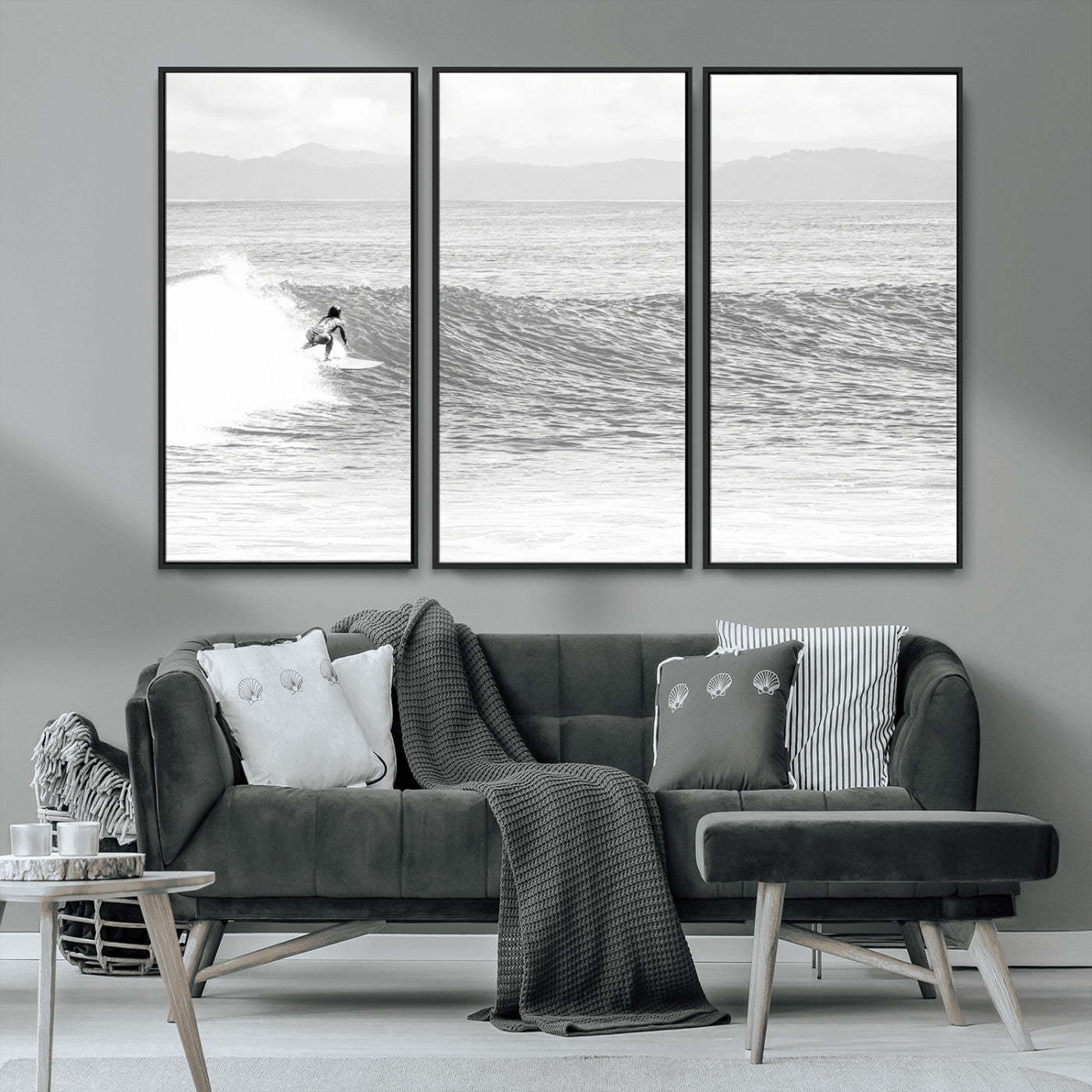 81535128-MGV-CV-36X24-Surfer Woman Wall Art Canvas Print, Framed Black Ocean Art Picture Print, Ocean Surfing Perfect Monochrome Coastal Decor Artwork
