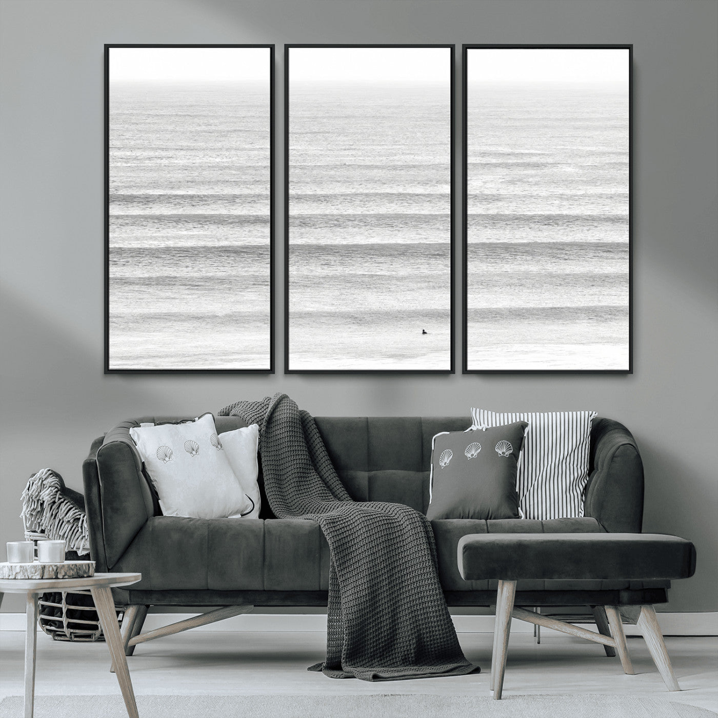 66534476-MGV-FC-48X32-3P_Black-Lone Surfer Wall Art Canvas Print, Framed Ocean Waves Art Picture Print, Minimal Sea Perfect Minimal Coastal Decor Artwork