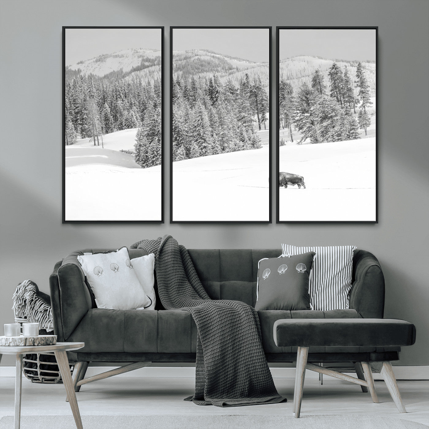 68081143-MGV-CV-36X24-Snowy Bison Wall Art Canvas Print, Framed Winter Forest Art Picture Print, Lone Bison Perfect Monochrome Winter Wild Decor Artwork