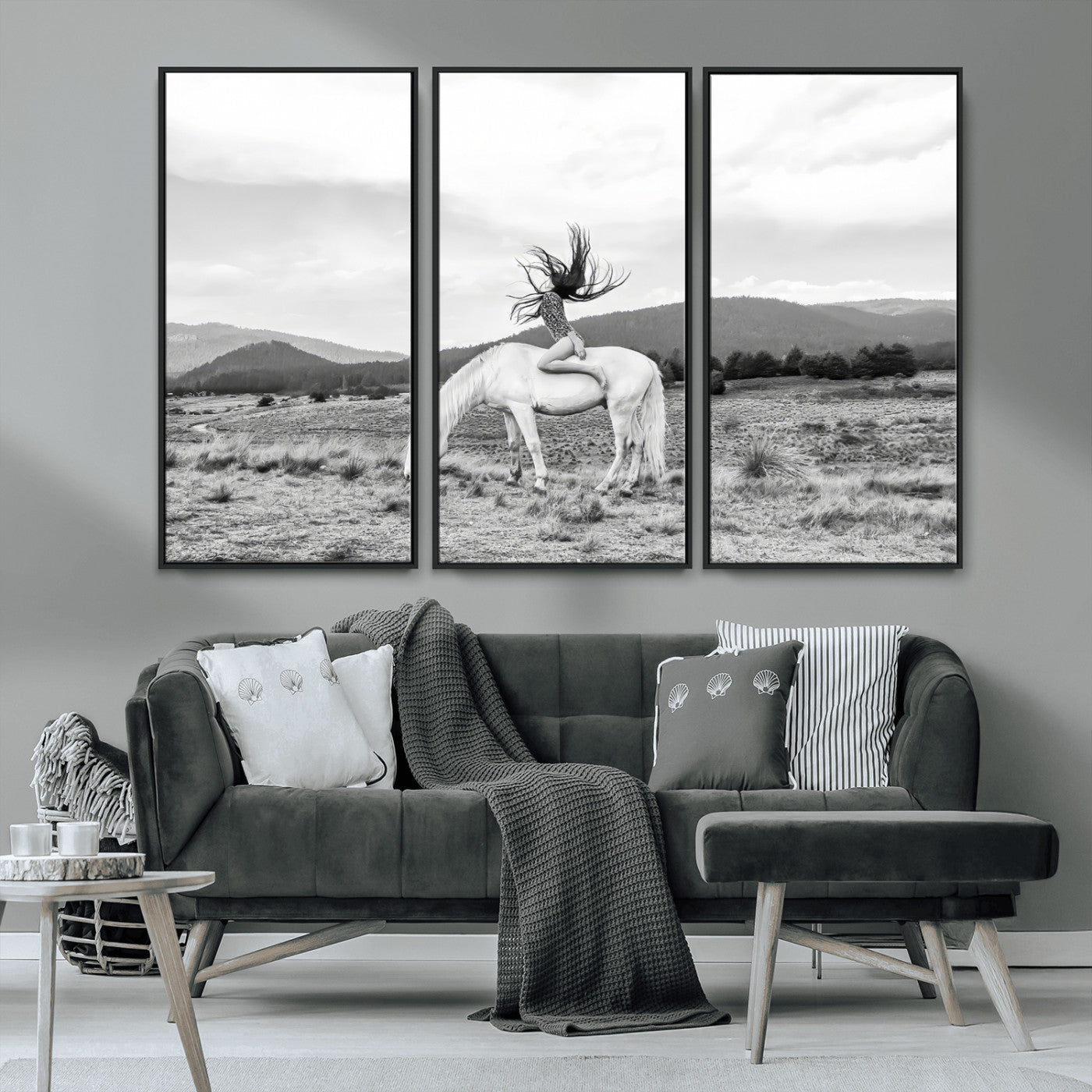 62789800-MGV-CV-36X24-White Horse Wall Art Canvas Print, Framed Woman Rider Art Picture Print, Equestrian Pose Perfect Western Boho Decor Artwork