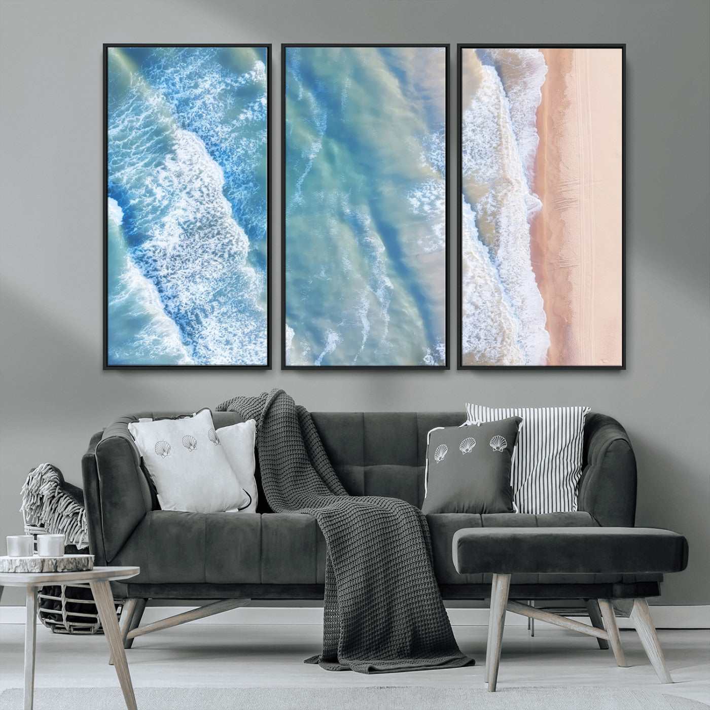 17641845-MGV-FC-48X32-3P_Black-Aerial Ocean Wall Art Canvas Print, Framed Blue Waves Art Picture Print, Sandy Shoreline Perfect Modern Coastal Decor Artwork