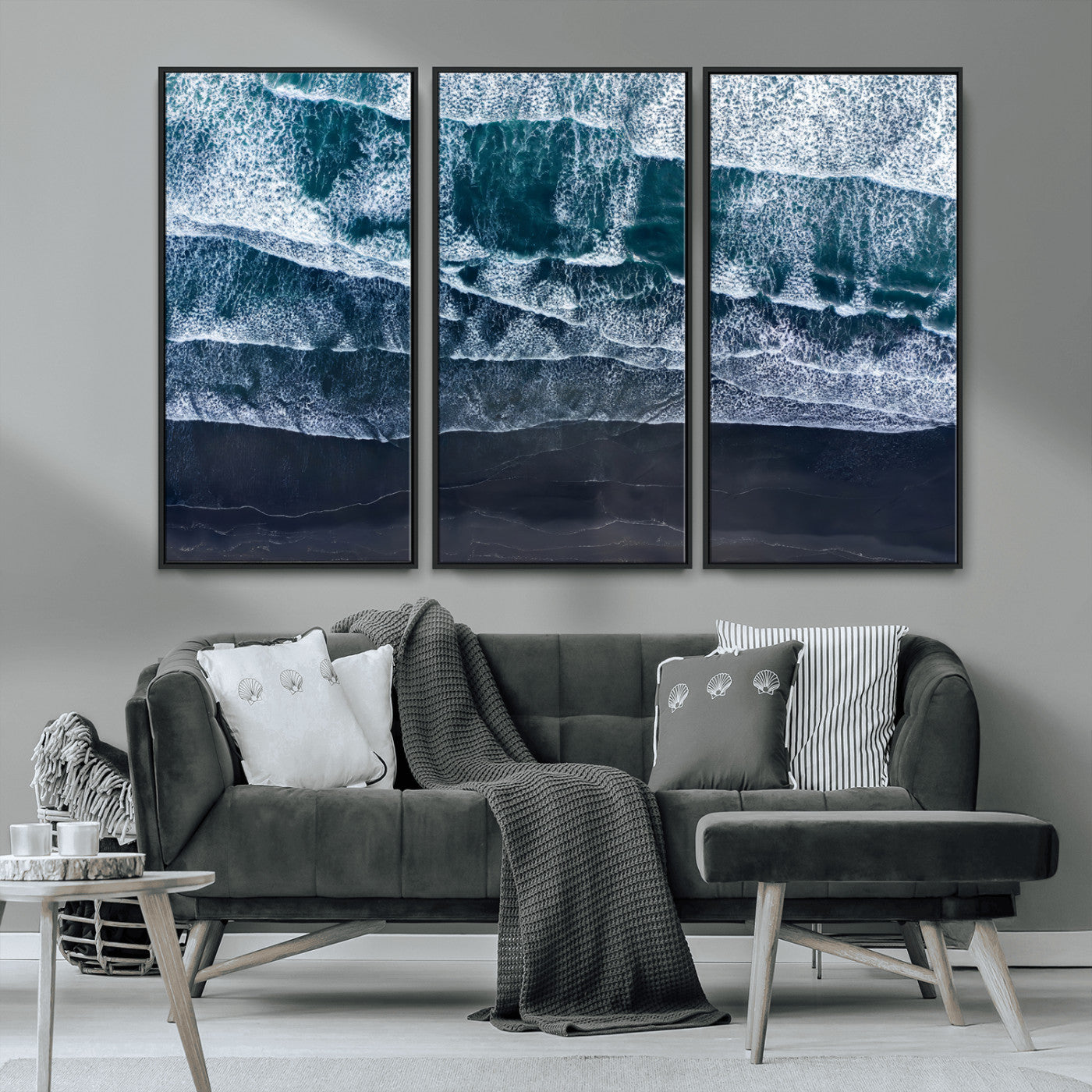 87941475-MGV-CV-36X24-Black Beach Wall Art Canvas Print, Framed Aerial Ocean Art Picture Print, Moody Coastal Perfect Modern Coastal Decor Artwork