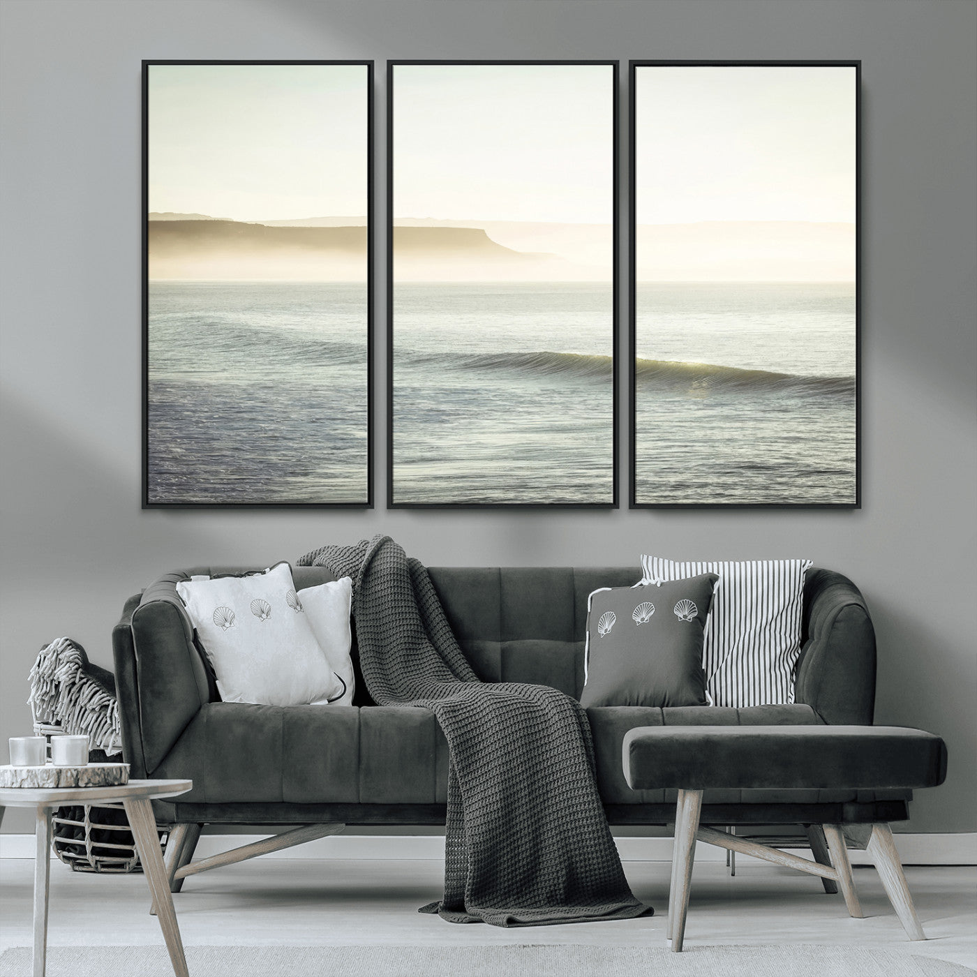 39310633-MGV-CV-36X24-Coastal Cliffs Wall Art Canvas Print, Framed Misty Ocean Art Picture Print, Morning Light Perfect Minimalistic Coastal Decor