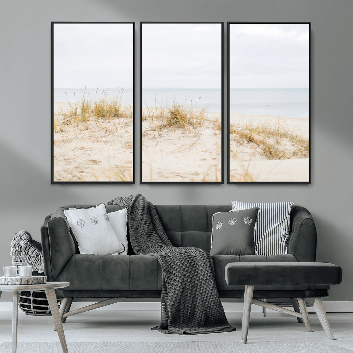 13146857-MGV-CV-36X24-Beach Dunes Wall Art Canvas Print, Framed Soft Horizon Art Picture Print, Coastal Grass Perfect Minimalist Coastal Decor Artwork