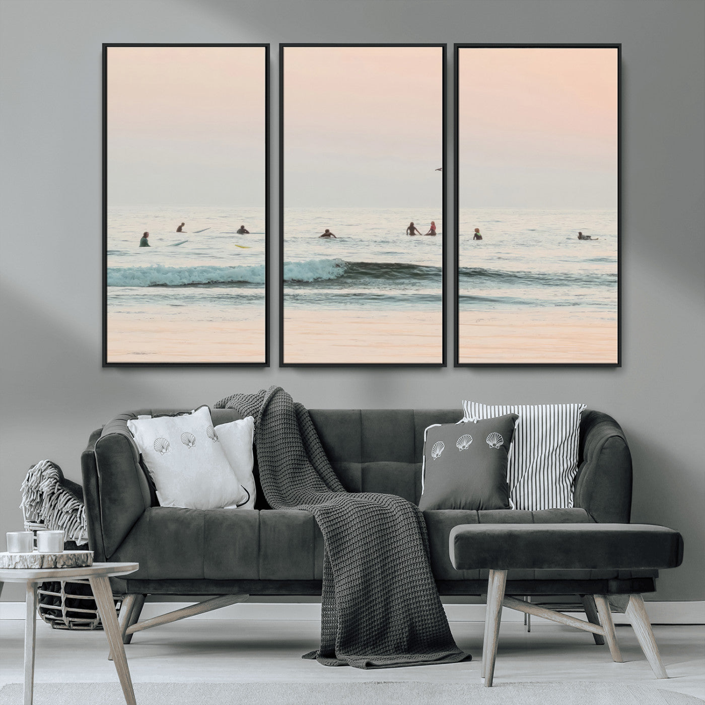 98888919-MGV-CV-36X24-Pastel Ocean Wall Art Canvas Print, Framed Soft Sunset Swimming Art Picture Print, Calm Sea Horizon Perfect Soft Coastal