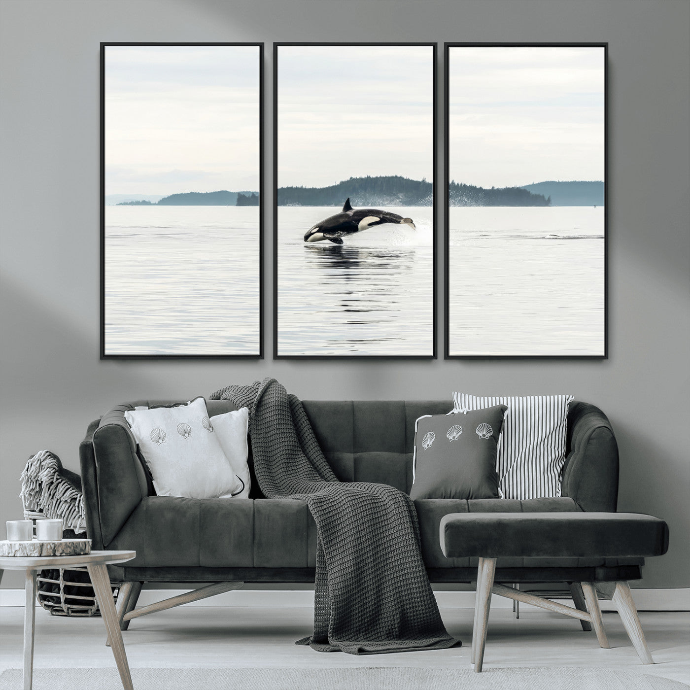 10157174-MGV-CV-36X24-Orca Whale Wall Art Canvas Print, Framed Black White Whale Art Picture Print, Minimalist Ocean Perfect Coastal Minimalist Decor