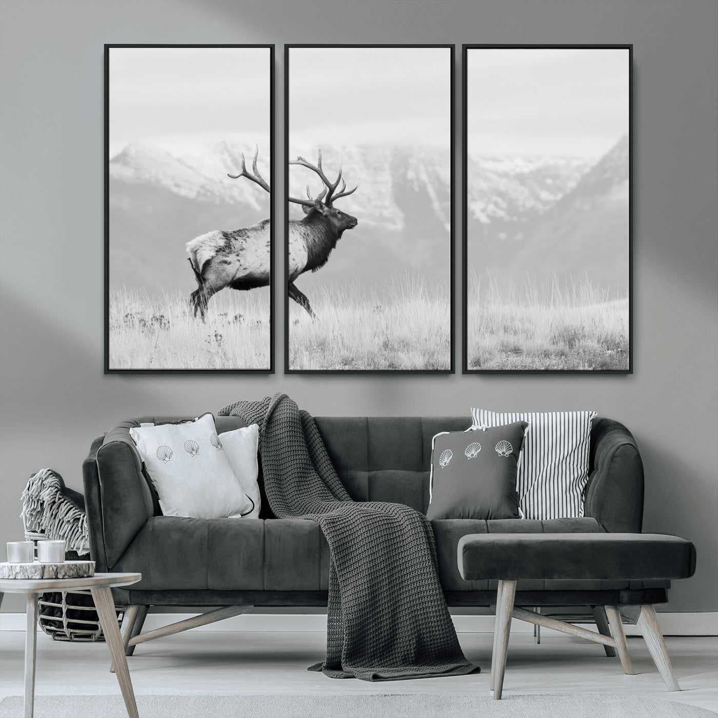 62278753-MGV-CV-36X24-Monochrome Elk Wall Art Canvas Print, Framed Mountain Wildlife Art Picture Print, Rustic Nature Perfect Rustic Minimalist Decor
