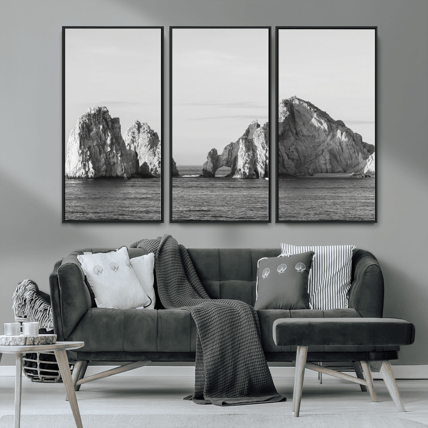 18810731-MGV-CV-36X24-Rugged Coastline Wall Art Canvas Print, Framed Ocean Cliffs Art Picture Print, Monochrome Seascape Perfect Coastal Minimalist