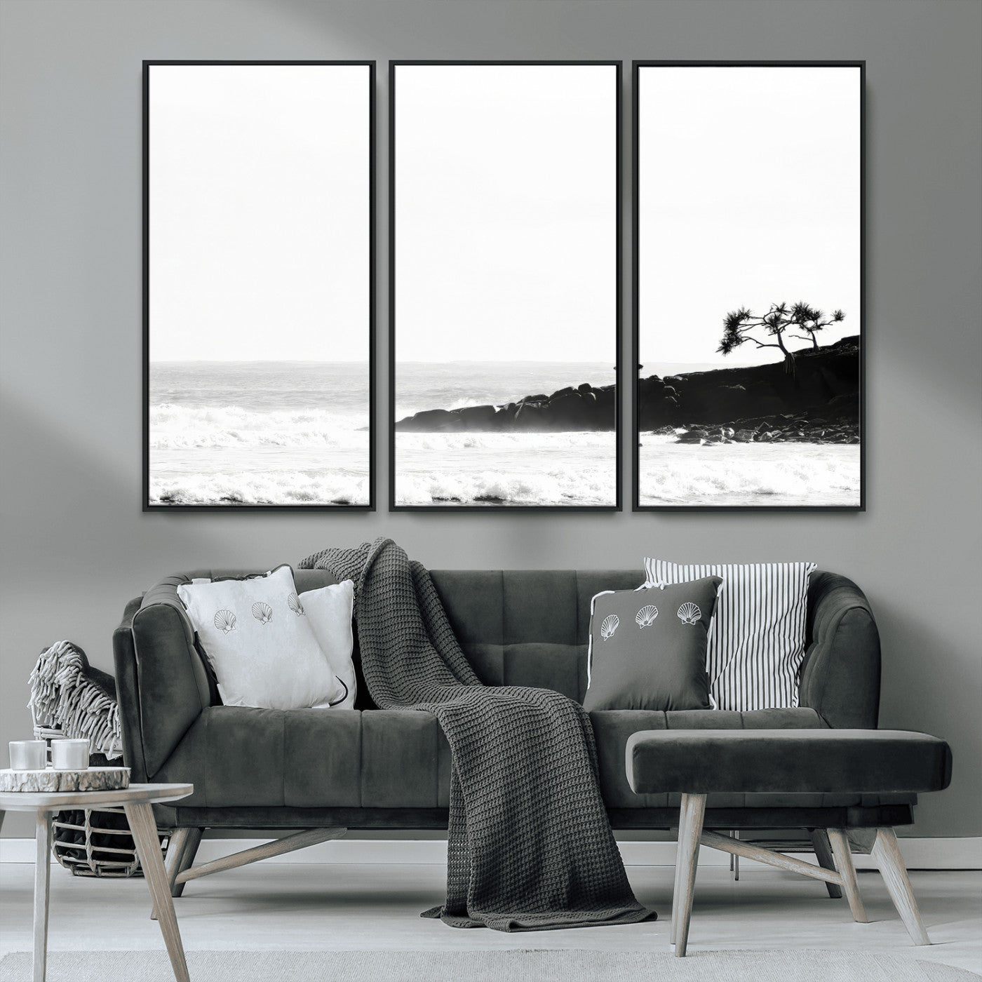 40875891-MGV-CV-36X24-SurferCliffs Wall Art Canvas Print, Framed Black White Beach Art Picture Print, Ocean Waves Perfect Minimalist Coastal Decor