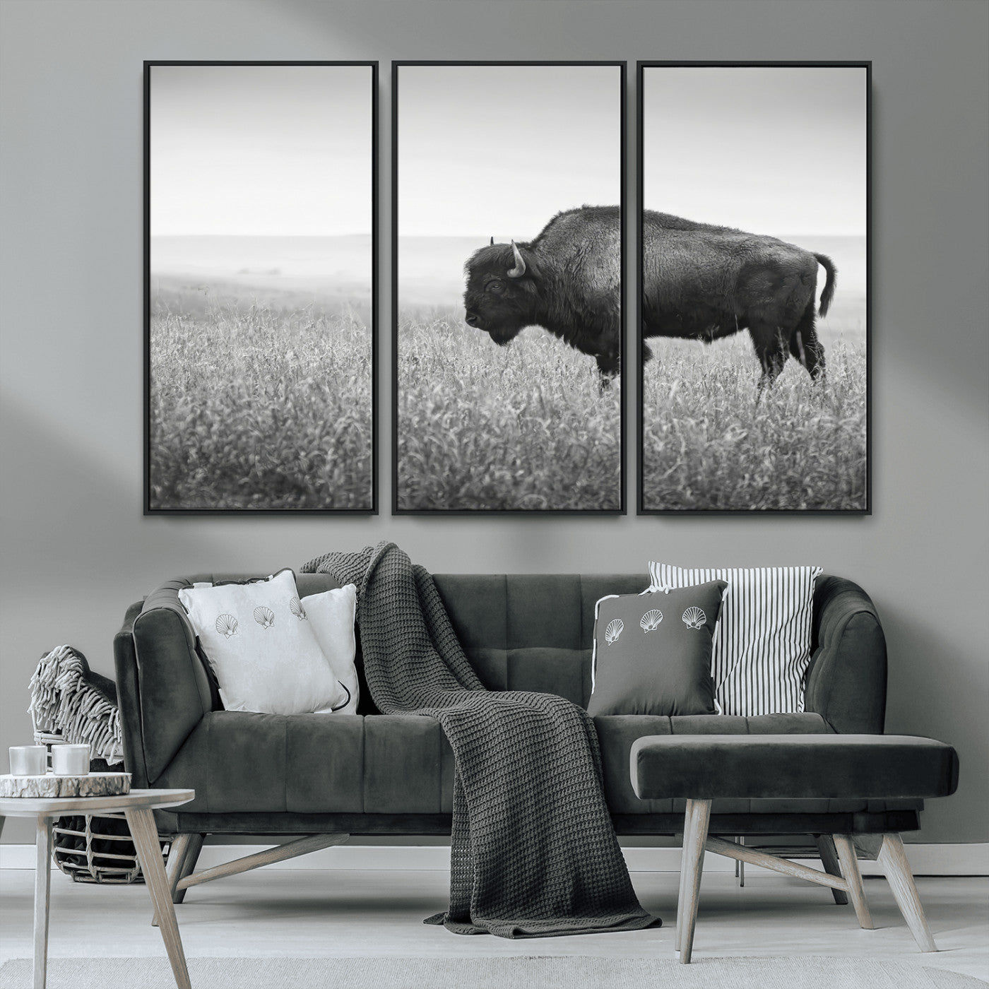 28435251-MGV-CV-36X24-Bison In Prairie Wall Art Canvas Print, Framed Rustic Wildlife Art Picture Print, Wild Buffalo Perfect Rustic Western Decor