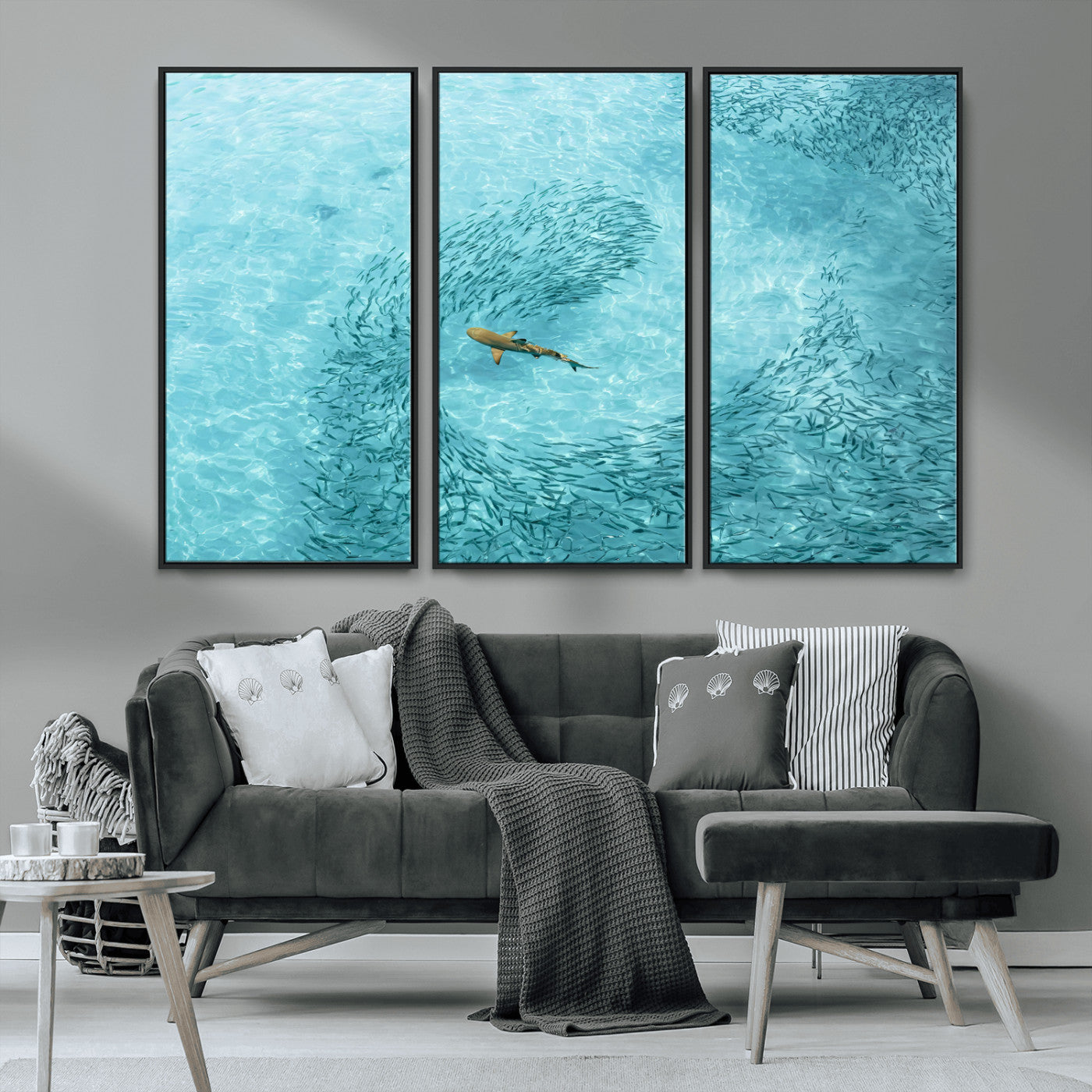 43671474-MGV-FC-48X32-3P_Black-Fish Swarm Wall Art Canvas Print, Framed Marine Life Art Picture Print, Shark Aerial Perfect Wildlife Coastal Decor Artwork