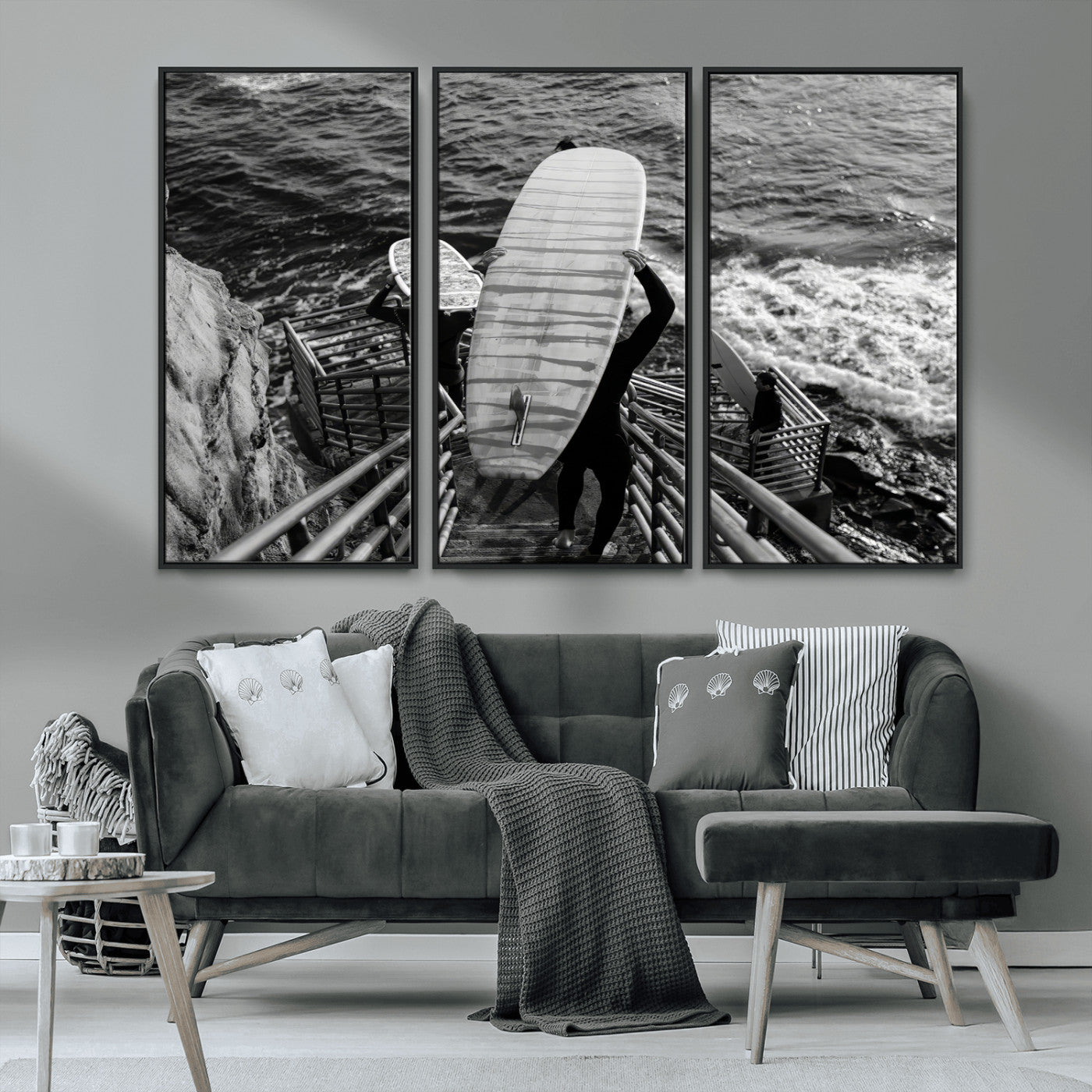 32353707-MGV-CV-36X24-Black White Surfing Wall Art Canvas Print, Framed Coastal Surfing Art Picture Print, Wave Riders Perfect Coastal Adventure Decor