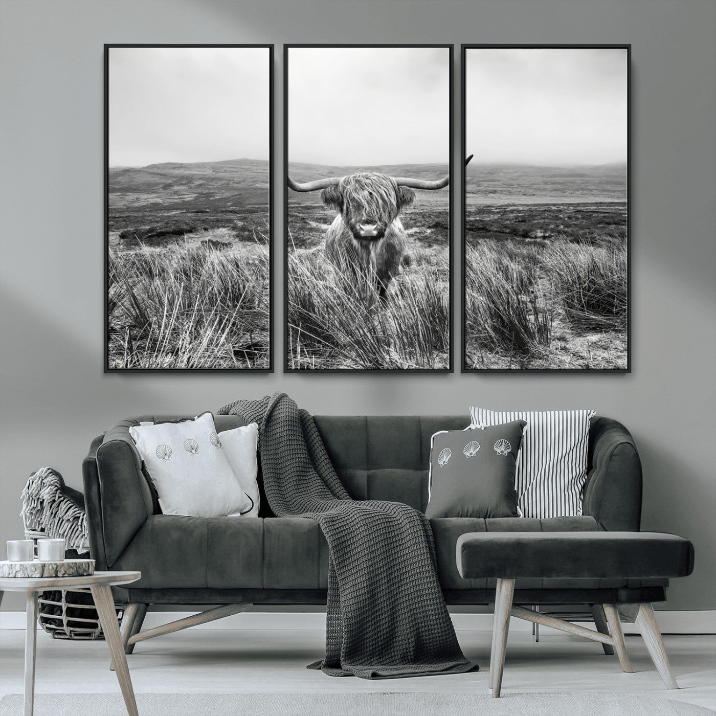 24051061-MGV-CV-36X24-Monochrome Highland Cow Wall Art Canvas Print, Framed Scottish Bull Art Picture Print, Lone Cattle Perfect Rustic Farmhouse Decor