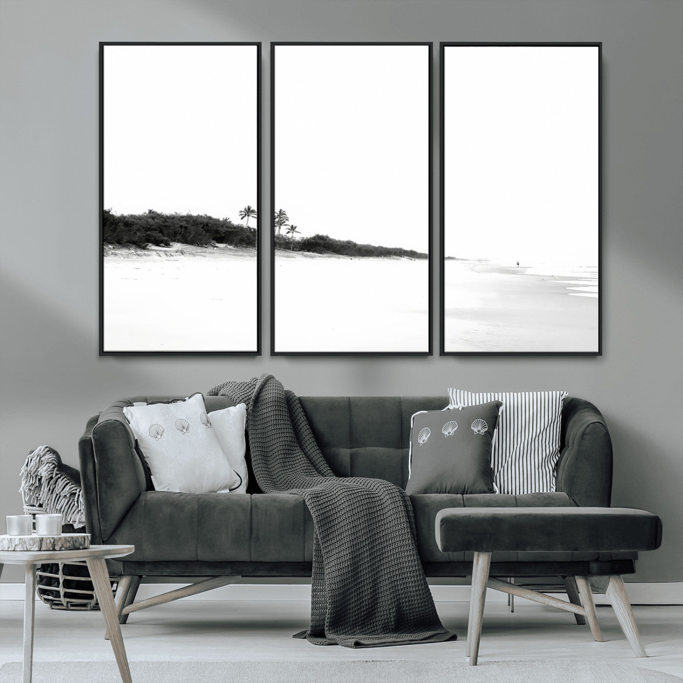 29611516-MGV-CV-36X24-Black White Beach Wall Art Canvas Print, Framed Palm Trees Art Picture Print, Monochrome Tropical Perfect Minimalist Coastal Decor