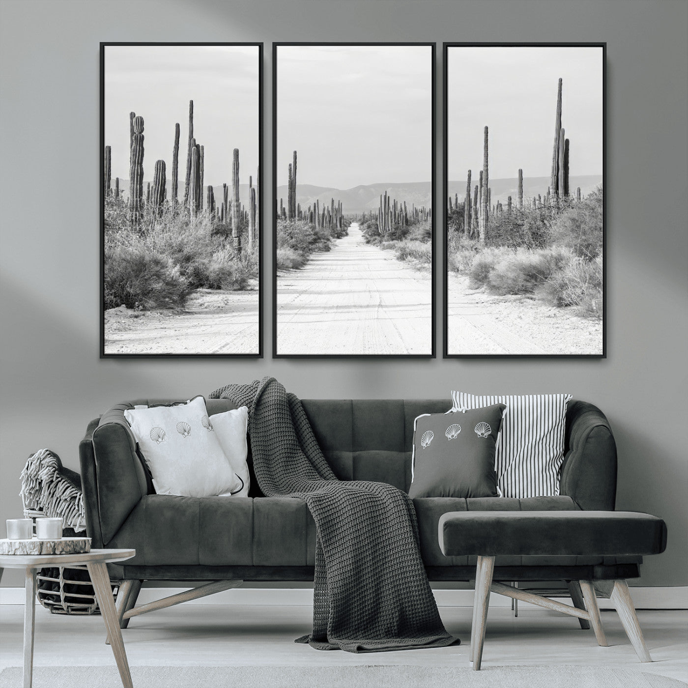 35537313-MGV-CV-36X24-Monochrome Desert Wall Art Canvas Print, Framed Cactus Path Art Picture Print, Southwestern Landscape Perfect Southwestern