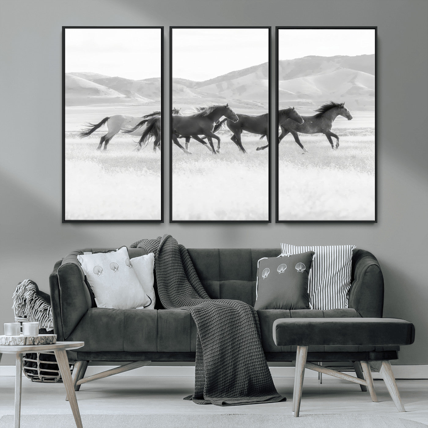69934913-MGV-CV-36X24-Wild Horses Running Wall Art Canvas Print, Framed Black White Mustangs Art Picture Print, Rustic Western Perfect Rustic Western