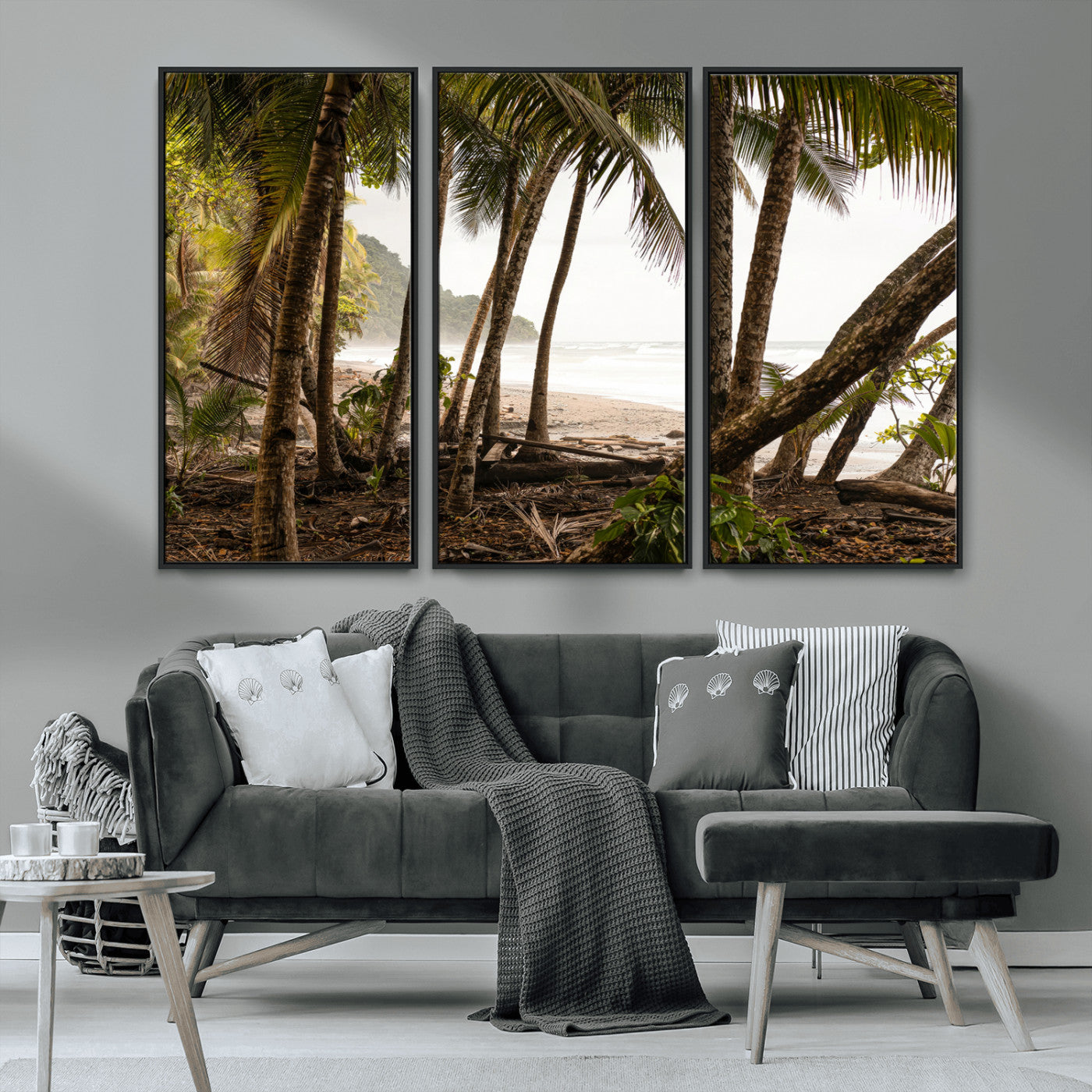 92093951-MGV-FC-48X32-3P_Black-Tropical Jungle Wall Art Canvas Print, Framed Palm Tree Forest Art Picture Print, Coastal Escape Perfect Jungle Retreat Decor