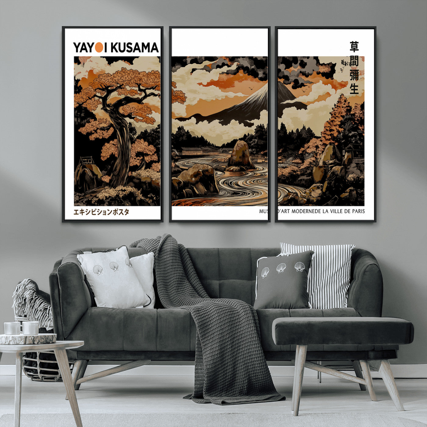 96372548-MGV-CV-36X24-Japanese Landscape Wall Art Print – Mt. Fuji Poster with Bonsai Tree & River, Ukiyo-e Inspired Modern Japanese Artwork, Autumn