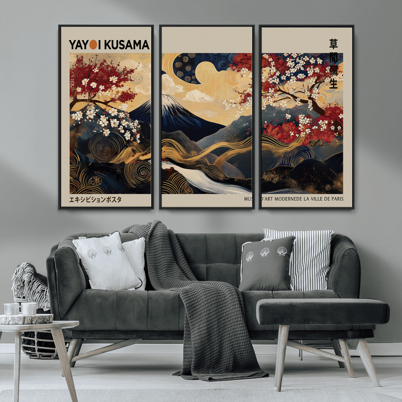 54967195-MGV-CV-36X24-Mount Fuji Wall Art – Japanese Cherry Blossom Abstract Canvas Print, Navy Gold Landscape Painting, Oriental Luxury Home Decor