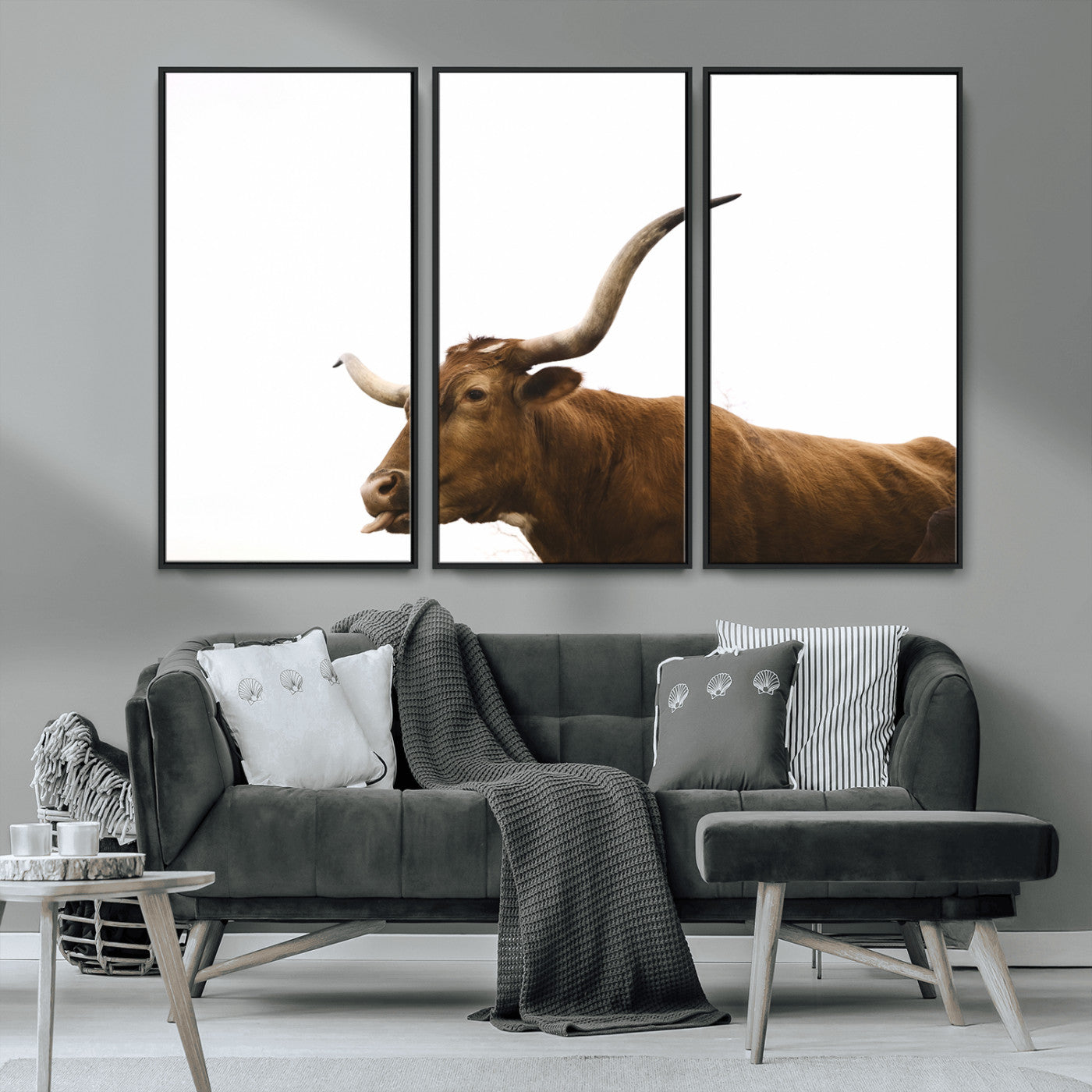 62566114-MGV-FC-48X32-3P_Black-Longhorn Cow Art Wall Art Canvas Print, Framed Rustic Animal Decor Art Picture Print, Texas Bull Photo Perfect Rustic Farmhouse