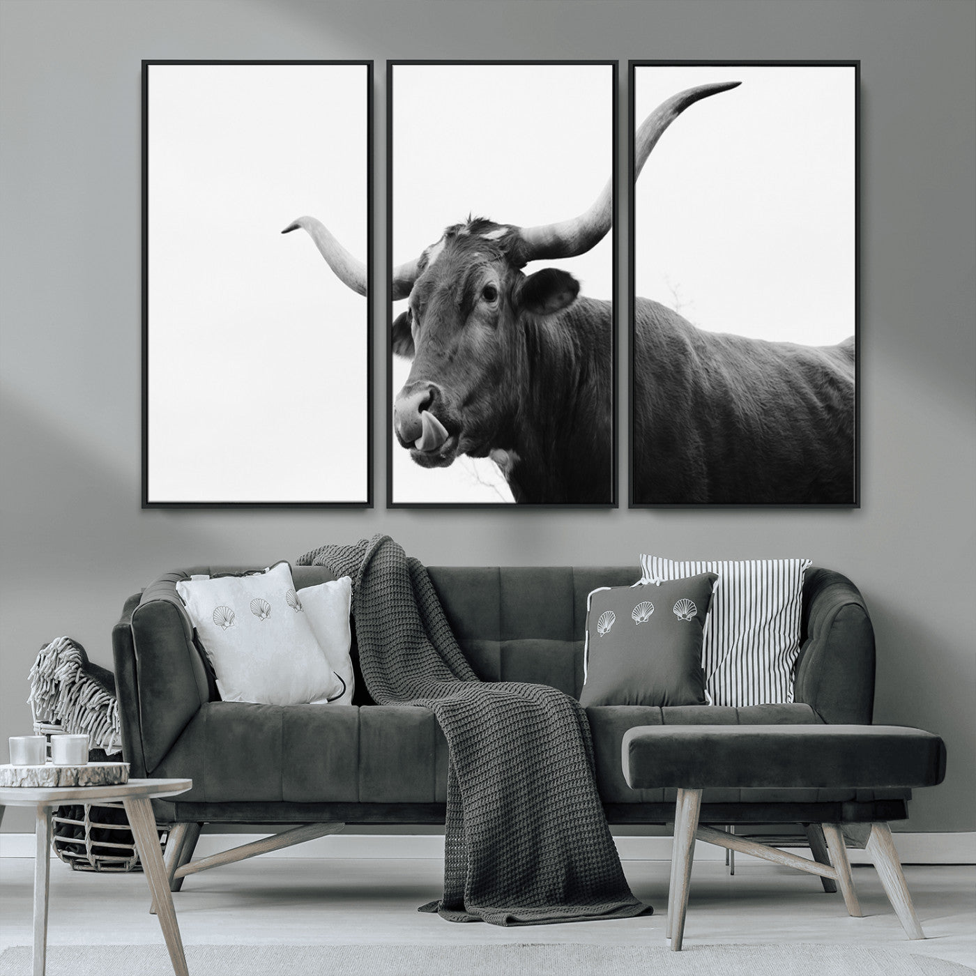 99244177-MGV-CV-36X24-Longhorn Photography Wall Art Canvas Print, Framed Western Cow Decor Art Picture Print, Black White Bull Perfect Modern Rustic