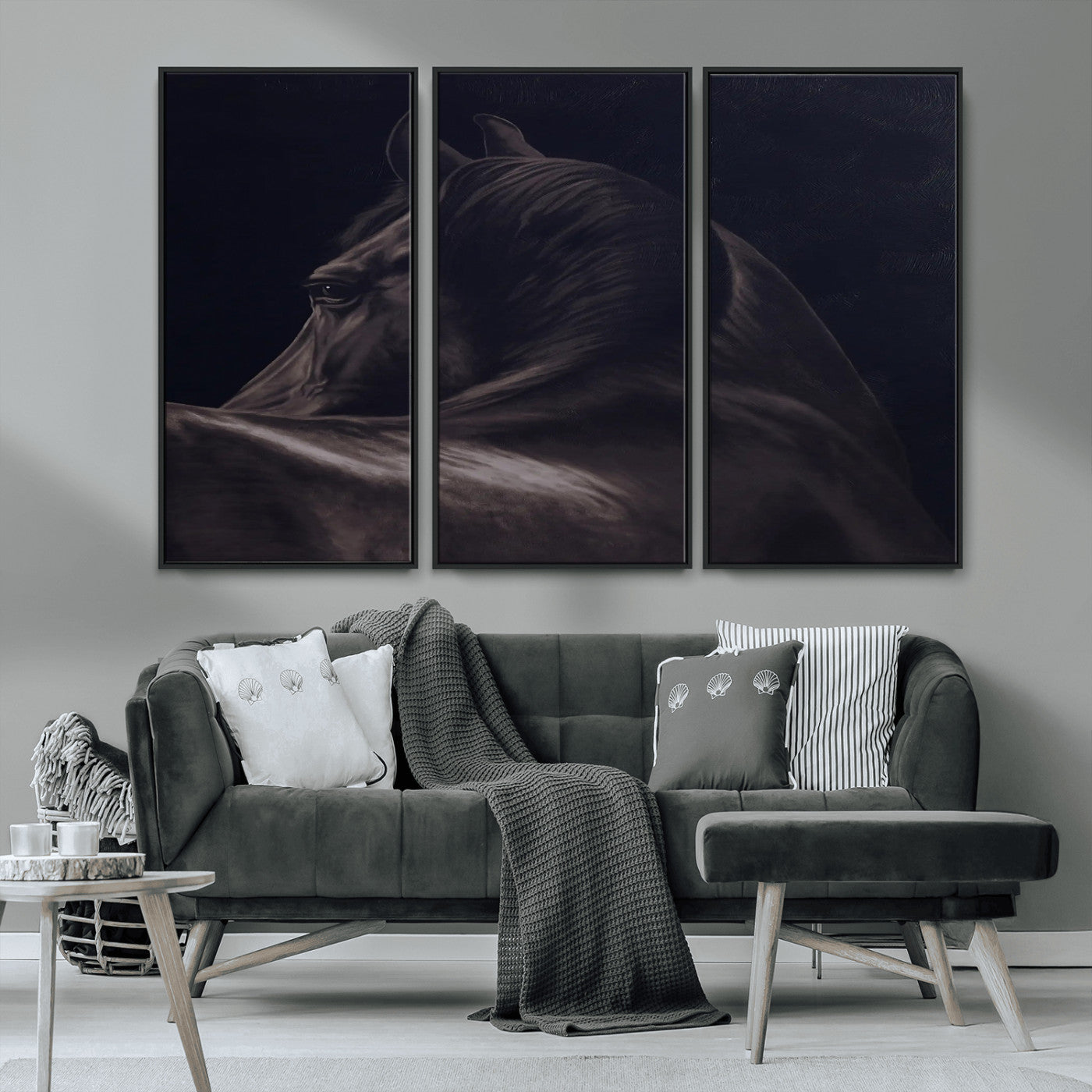67026880-MGV-CV-36X24-Black Horse Portrait Wall Art Canvas Print, Framed Moody Horse Decor Art Picture Print, Equestrian Wall Style Perfect Masculine
