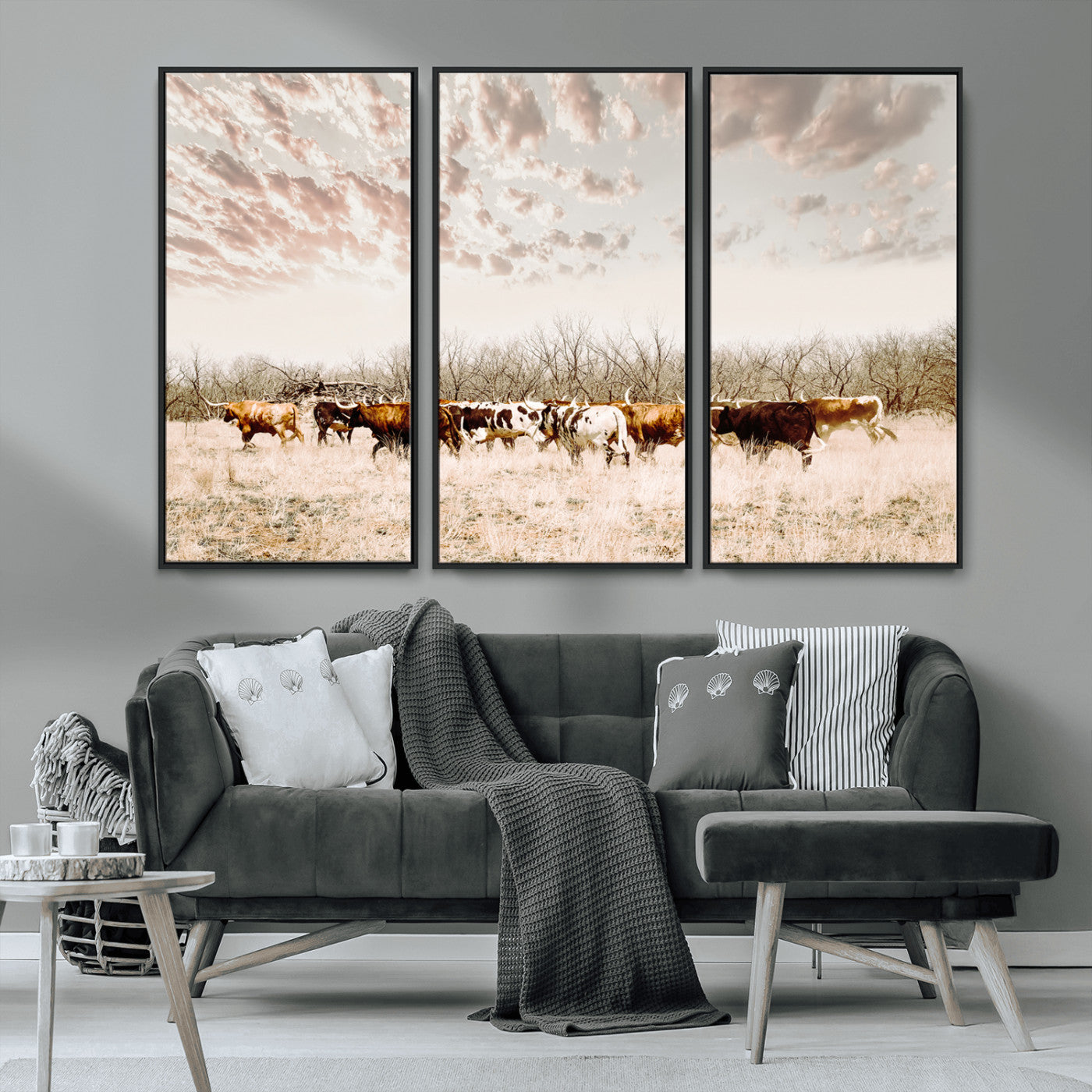 57389417-MGV-CV-36X24-Cow Herd Photography Wall Art Canvas Print, Framed Rustic Farmhouse Decor Art Picture Print, Western Ranch Style Perfect Rustic