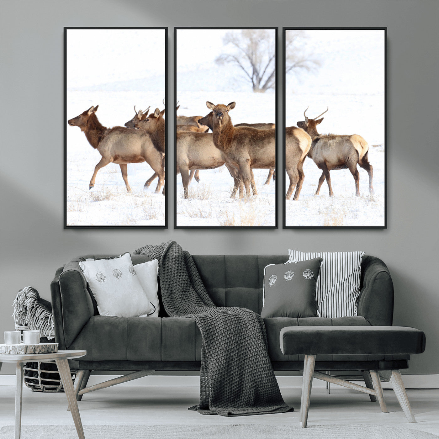 68738684-MGV-CV-36X24-Winter Elk Scene Wall Art Canvas Print, Framed Wildlife Photography Art Picture Print, Snowy Deer Decor Perfect Rustic Lodge Decor