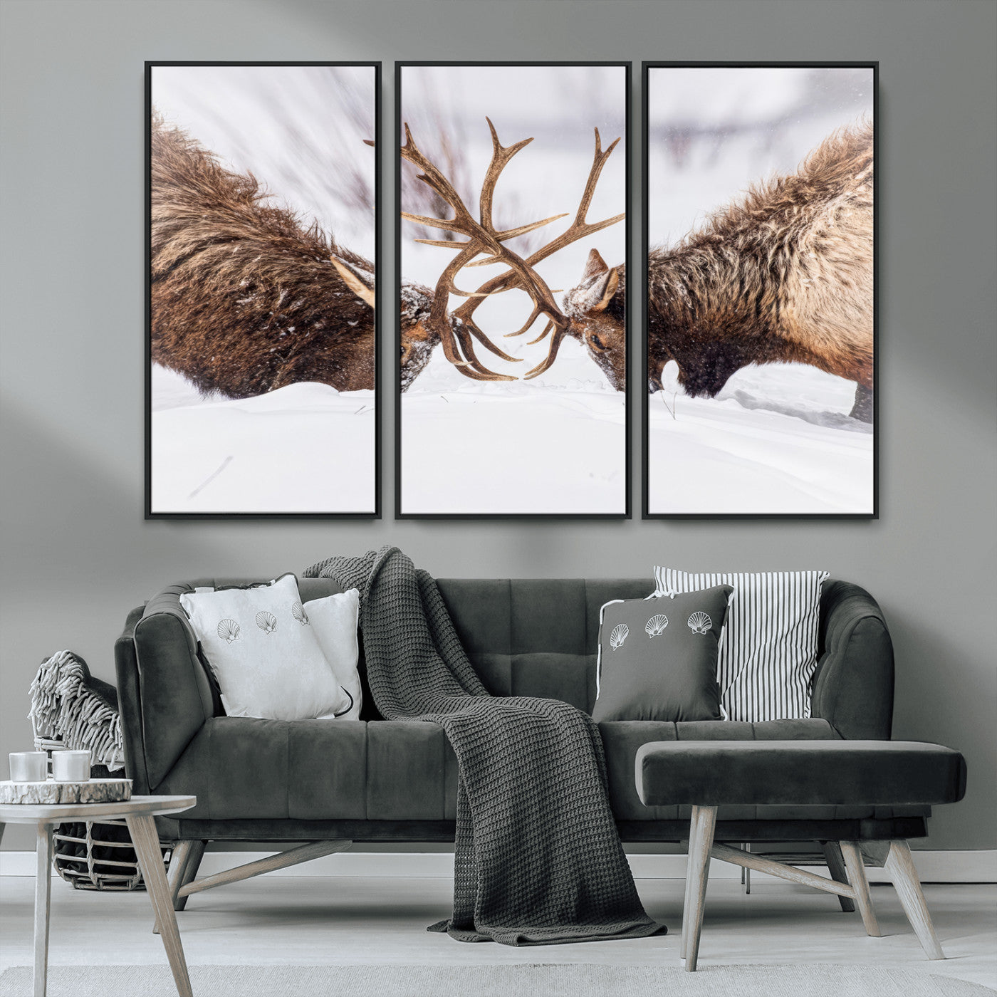 36507609-MGV-CV-36X24-Elk Clash Scene Wall Art Canvas Print, Framed Wildlife Strength Decor Art Picture Print, Snowy Forest Elk Perfect Rustic Lodge