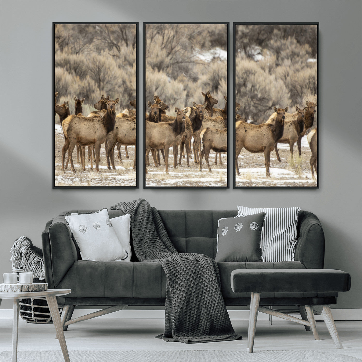 90269422-MGV-CV-36X24-Elk Herd Scene Wall Art Canvas Print, Framed Rustic Wildlife Decor Art Picture Print, Western Cabin Style Perfect Rustic Lodge