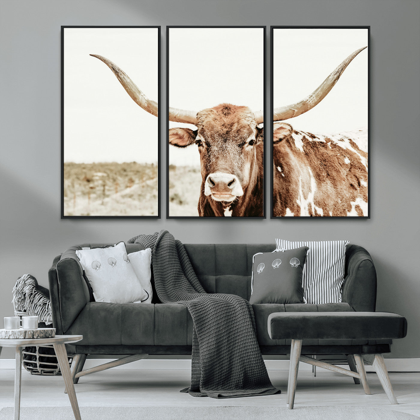 98924580-MGV-CV-36X24-Texas Longhorn Bull Wall Art Canvas Print, Framed Rustic Farmhouse Decor Art Picture Print, Western Animal Theme Perfect Rustic