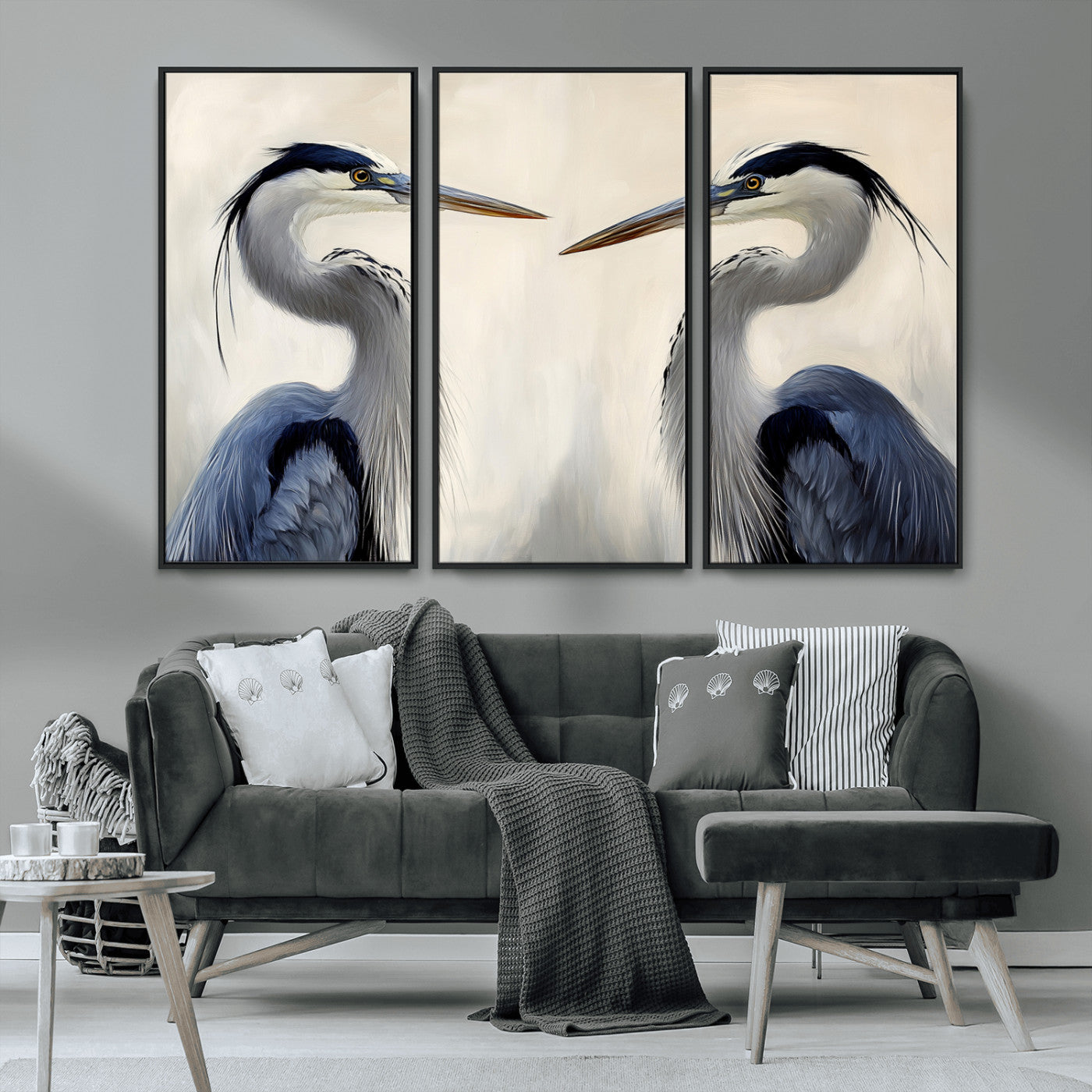 18230556-MGV-CV-36X24-Blue Heron Pair Wall Art Canvas Print, Framed Coastal Bird Theme Art Picture Print, Tranquil Wildlife Scene Perfect Coastal