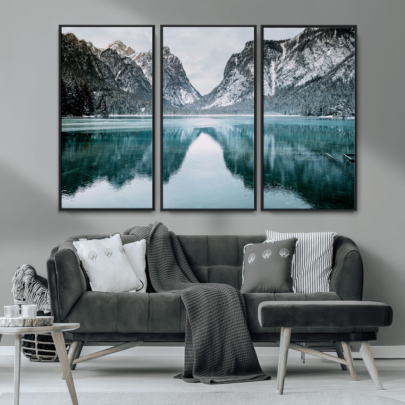 73098373-MGV-CV-36X24-Mountain Lake Wall Art Canvas Print, Framed Winter Wonderland Art Picture Print, Snowy Peaks Perfect Modern Nature Decor Artwork