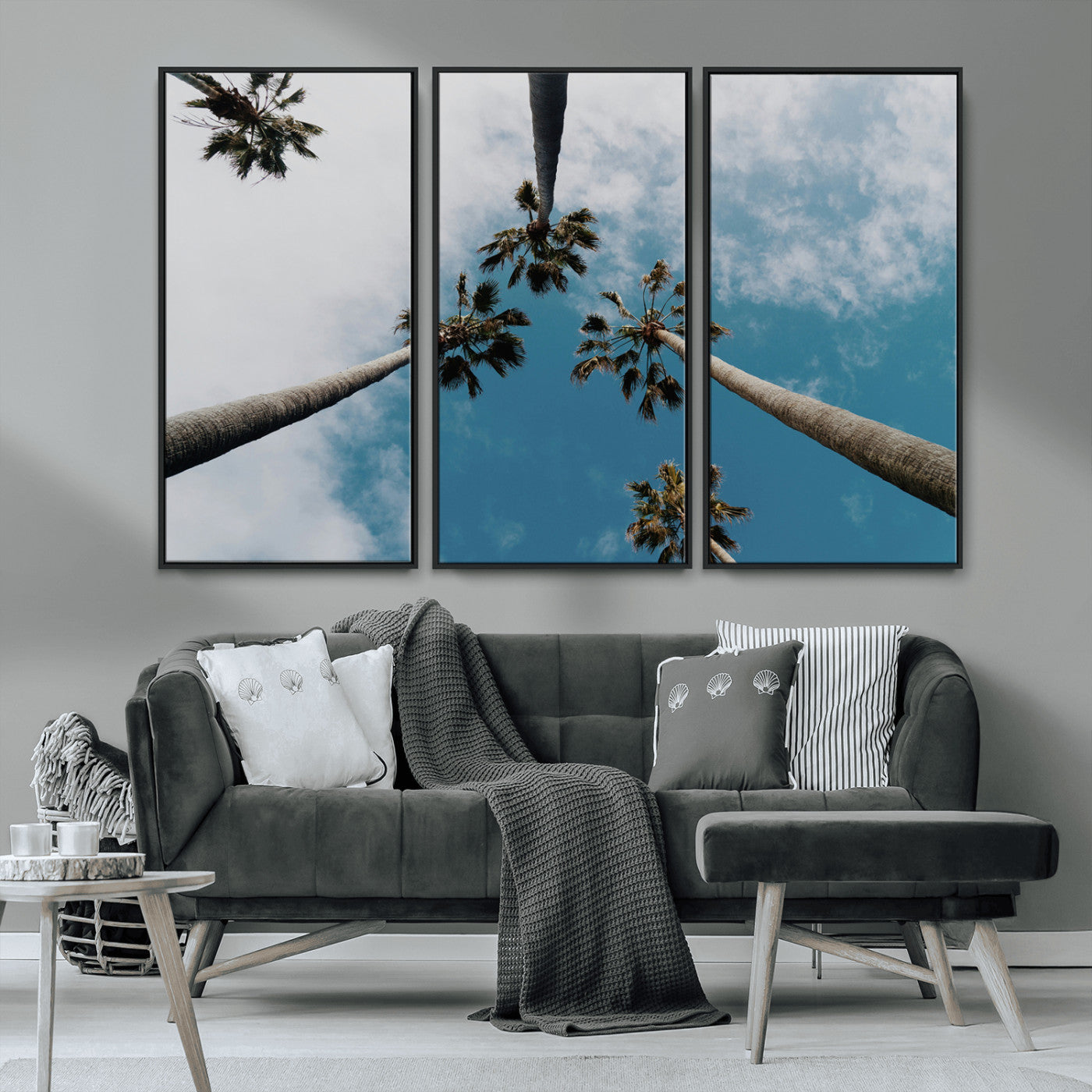 45236398-MGV-FC-48X32-3P_Black-Tropical Palm Trees Wall Art Canvas Print, Framed California Sky Art Picture Print, Minimalist Nature Perfect Coastal Minimalist