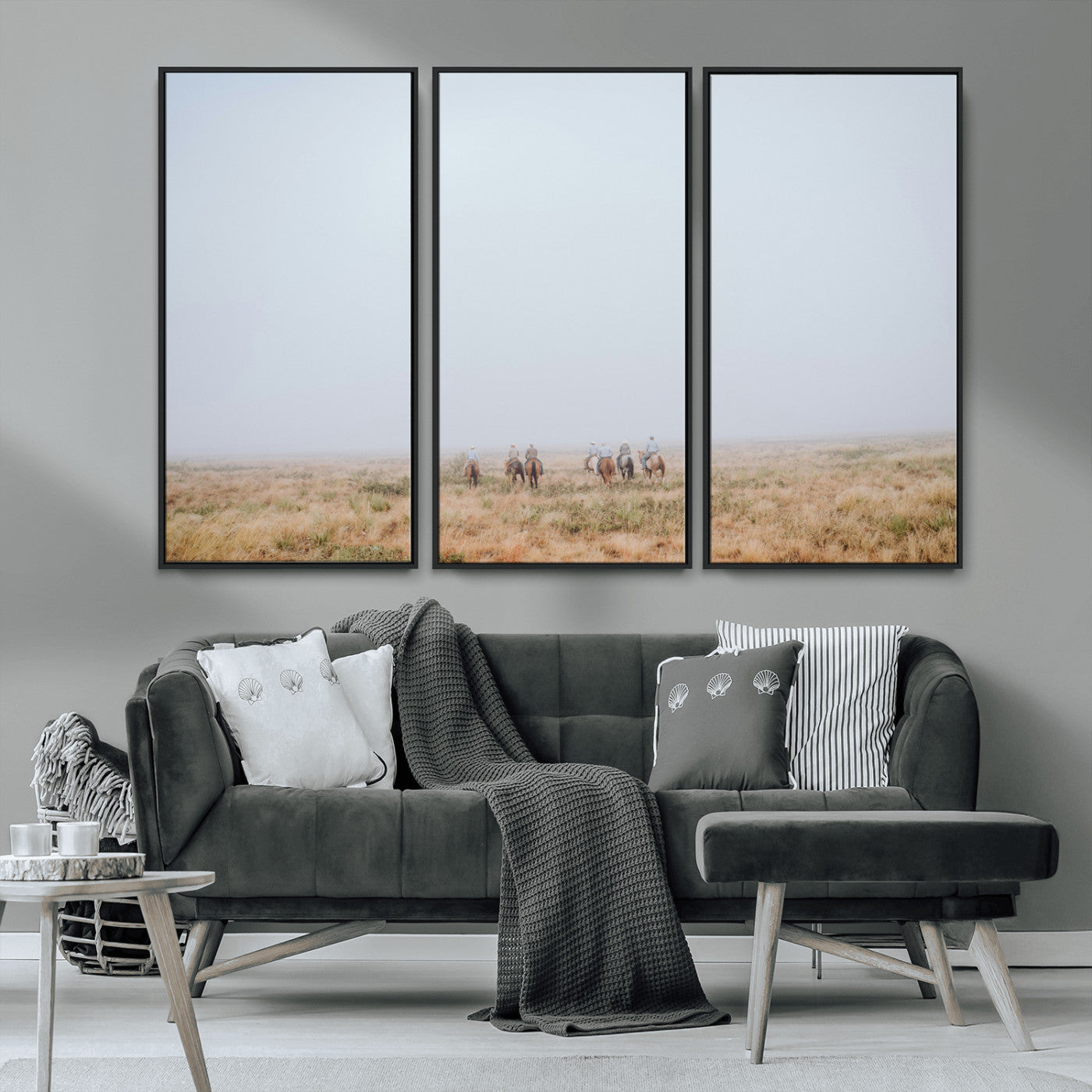 14761944-MGV-CV-36X24-Foggy Plains Wall Art Canvas Print, Framed Horseback Riders Art Picture Print, Rustic Western Perfect Rustic Western Decor Artwork