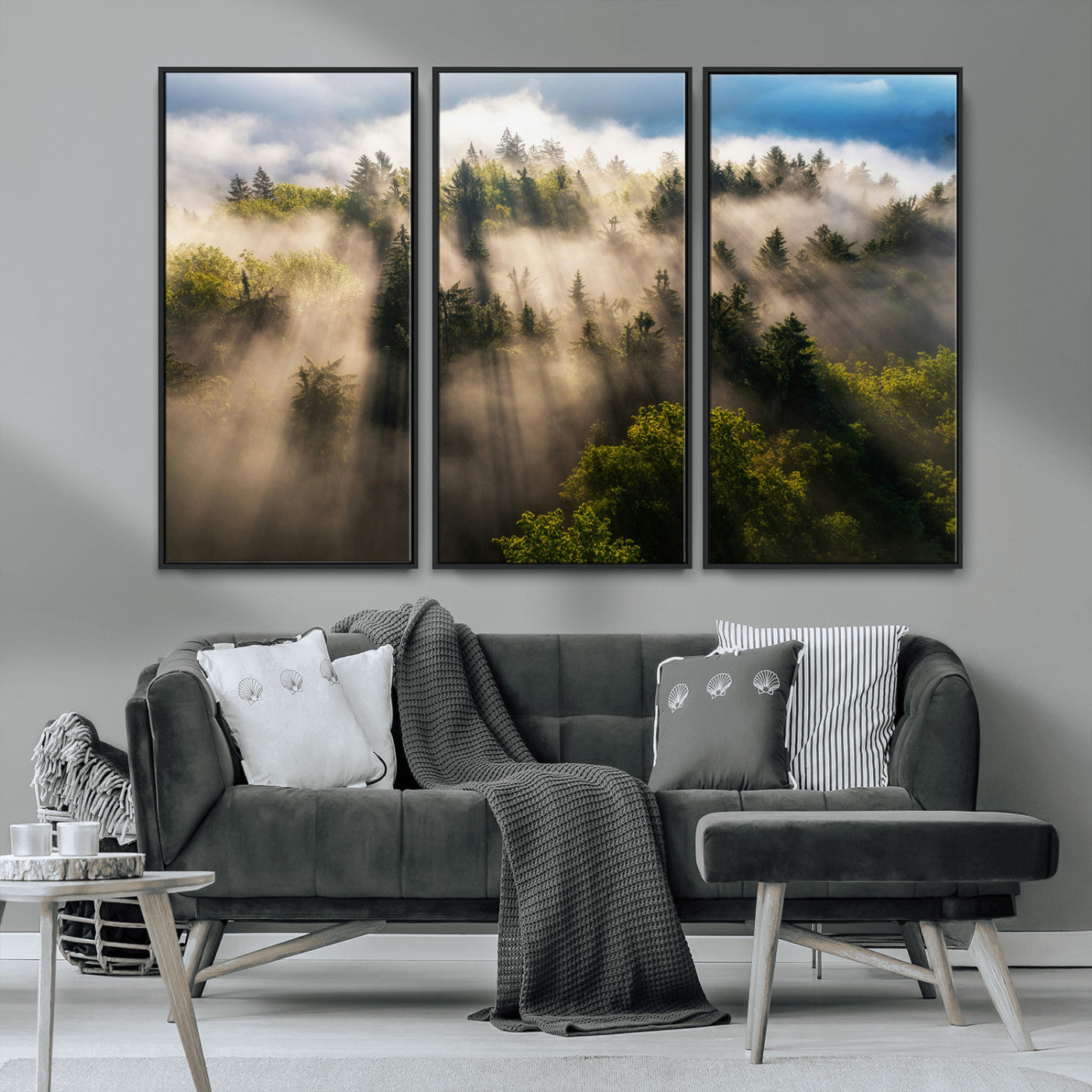 14785710-MGV-CV-36X24-Tranquil Forest Scene Wall Art Canvas Print, Framed Sunbeam Through Trees Art Picture Print, Moody Green Wall Art Perfect