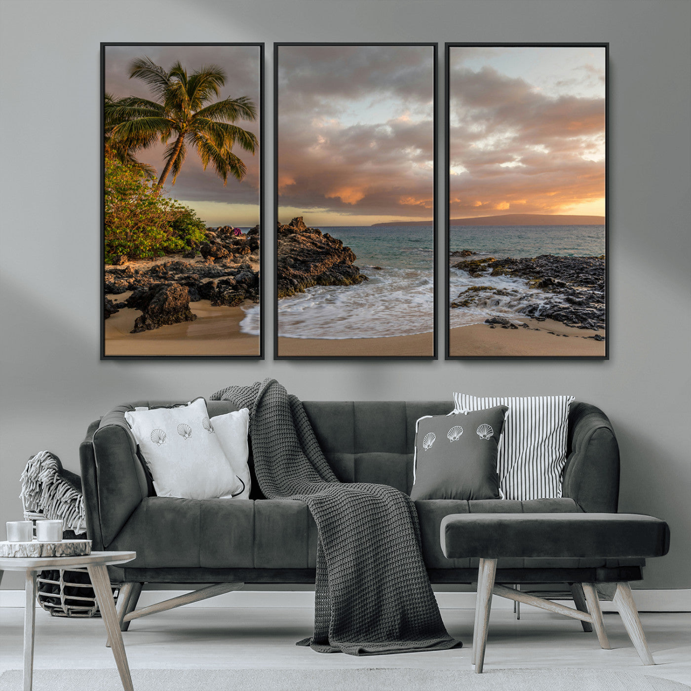 55108220-MGV-CV-36X24-Tropical Beach Wall Art Canvas Print, Framed Hawaiian Sunset Art Picture Print, Ocean Waves Perfect Coastal Tropical Decor Artwork