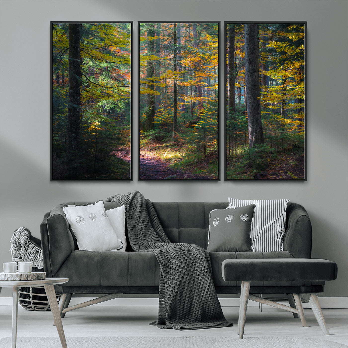 65810864-MGV-CV-36X24-Autumn Forest Wall Art Canvas Print, Framed Fall Woodland Art Picture Print, Golden Leaves Perfect Rustic Farmhouse Decor Artwork