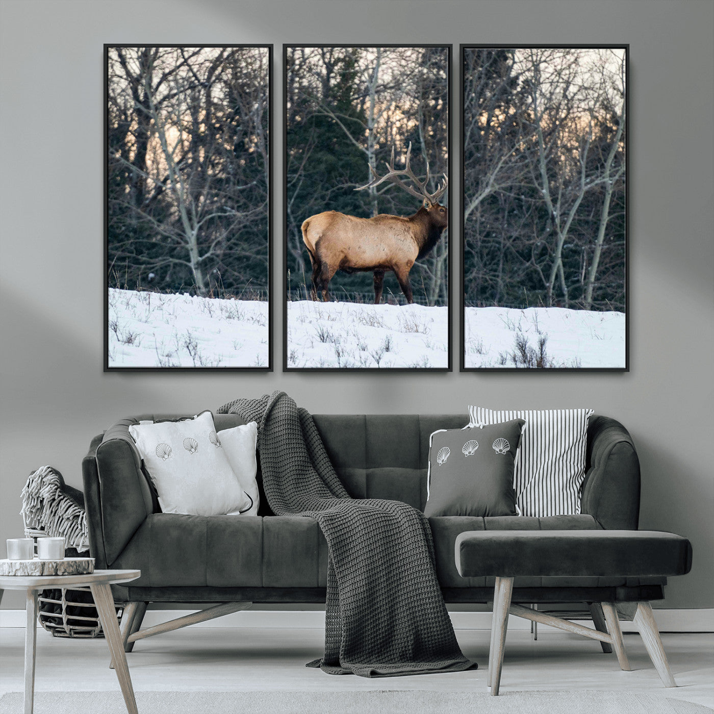 36533178-MGV-CV-36X24-Wild Elk Photography Wall Art Canvas Print, Framed Winter Wildlife Art Picture Print, Snowy Forest Perfect Rustic Lodge Decor