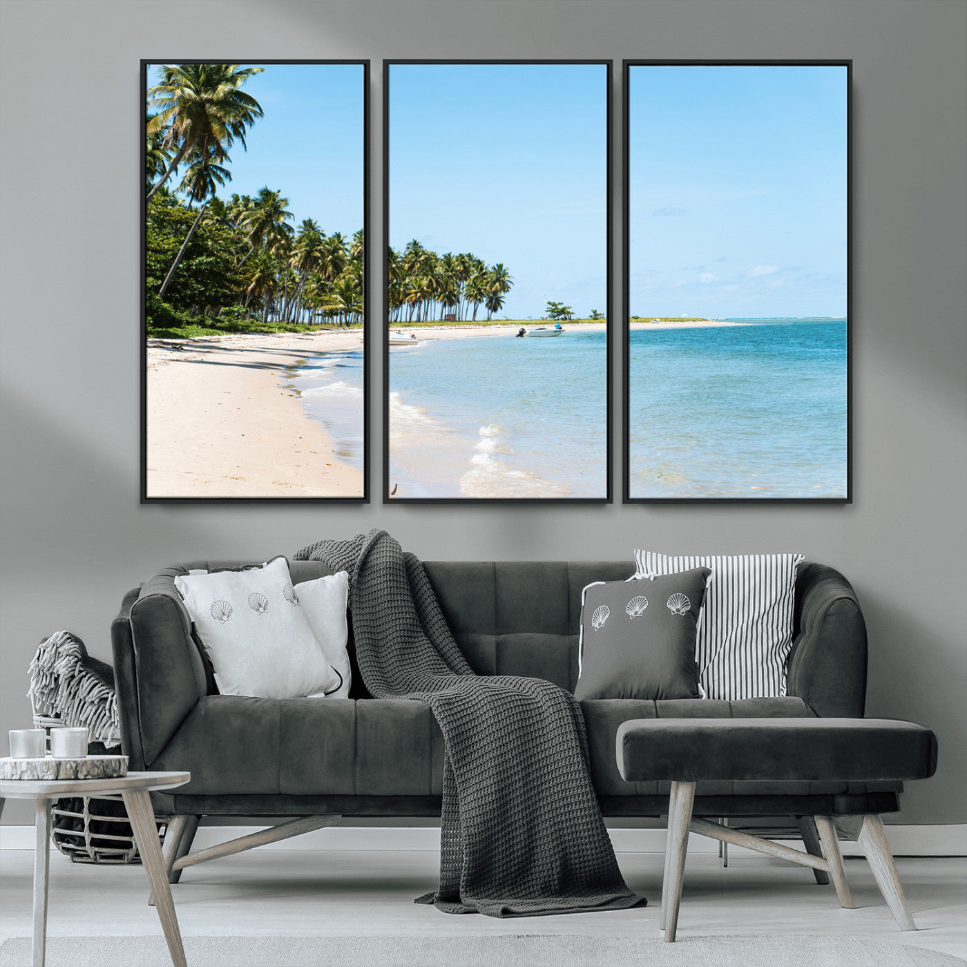 37858872-MGV-CV-36X24-Palm Tree Coast Wall Art Canvas Print, Framed Island Getaway Art Picture Print, Crystal Blue Water Perfect Tropical Coastal Decor